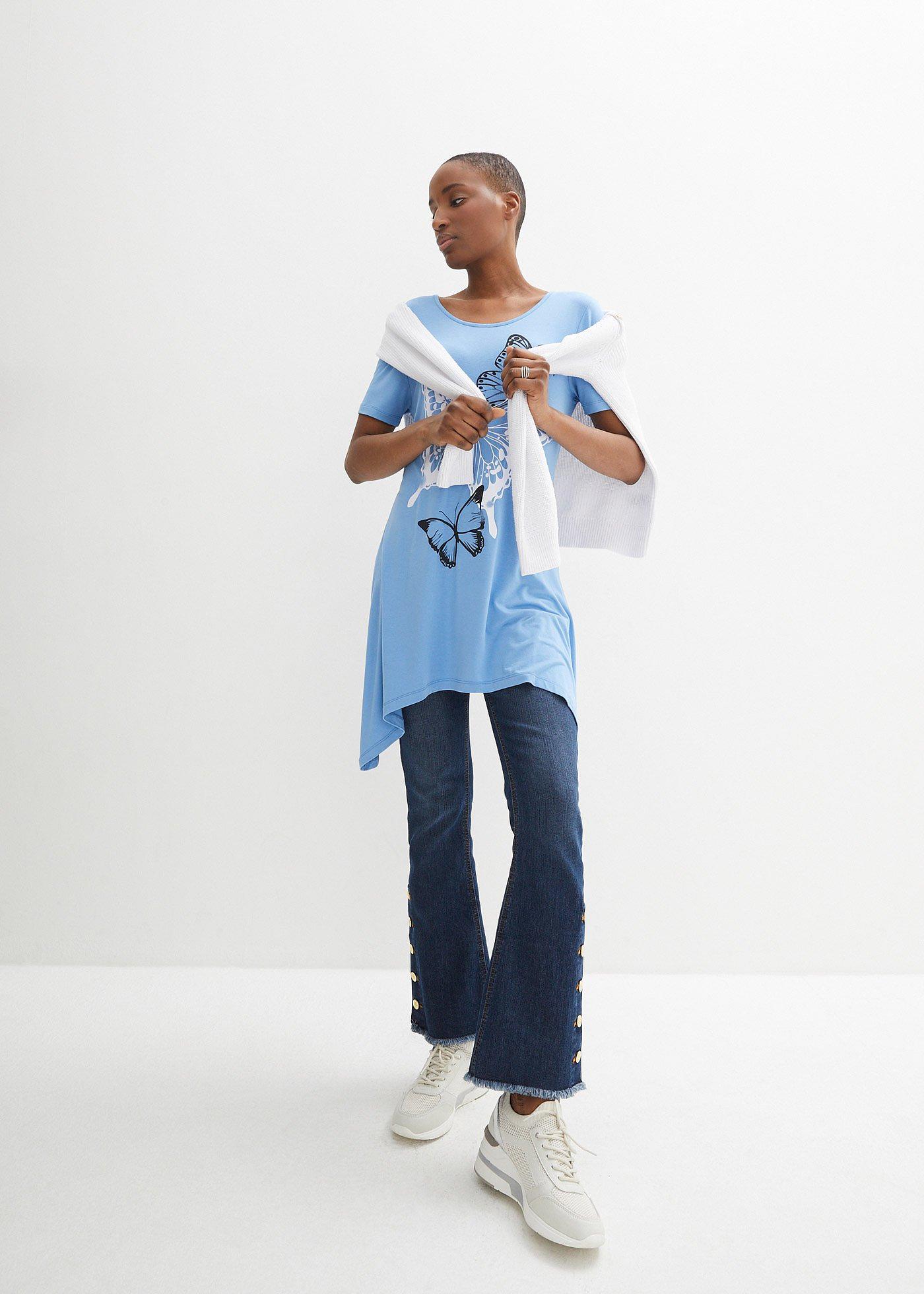 Długi shirt z dłuższymi bokami i nadrukiem w motyle - Bonprix