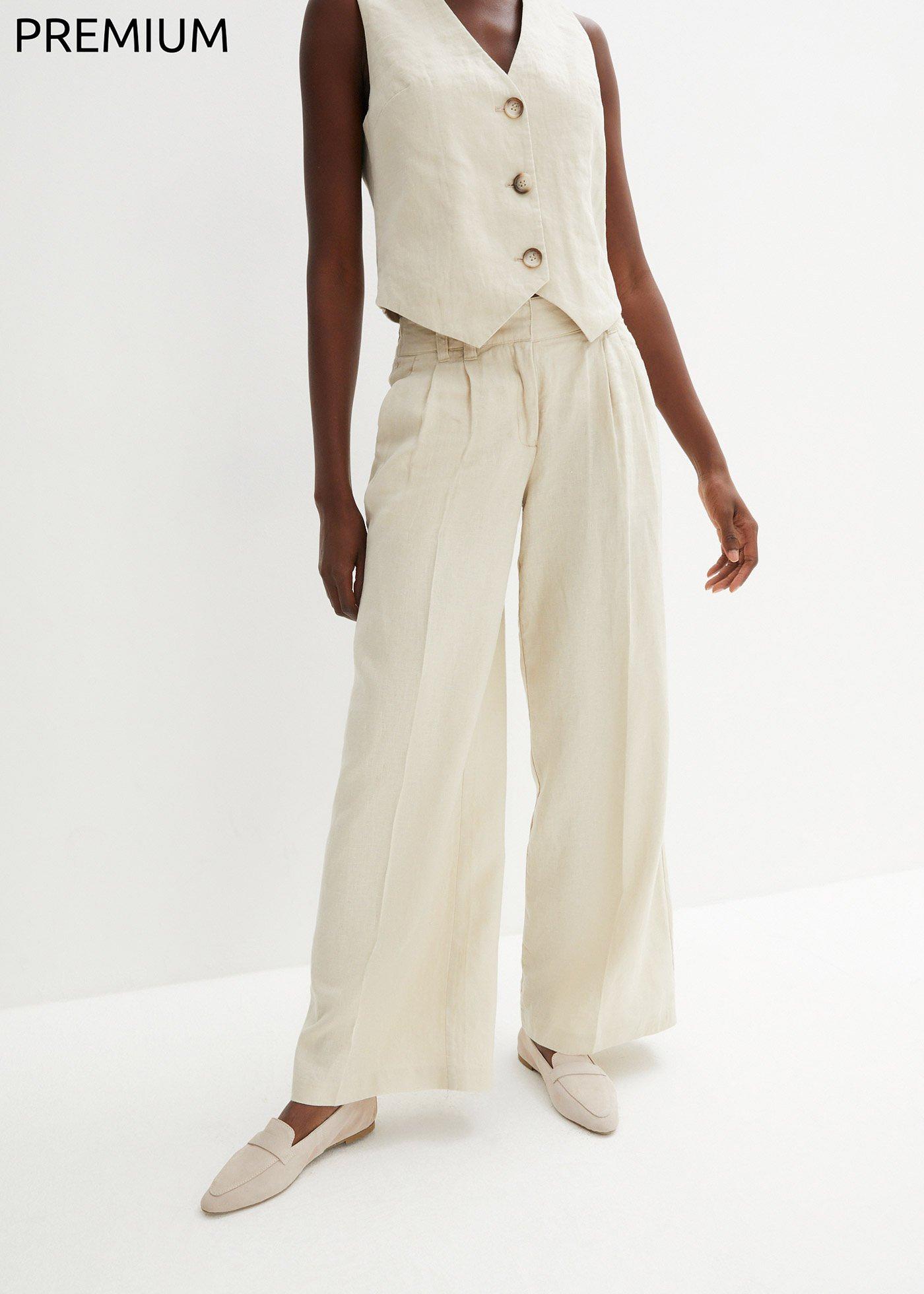 Spodnie z zakładkami poniżej paska w talii, z czystego lnu - Bonprix