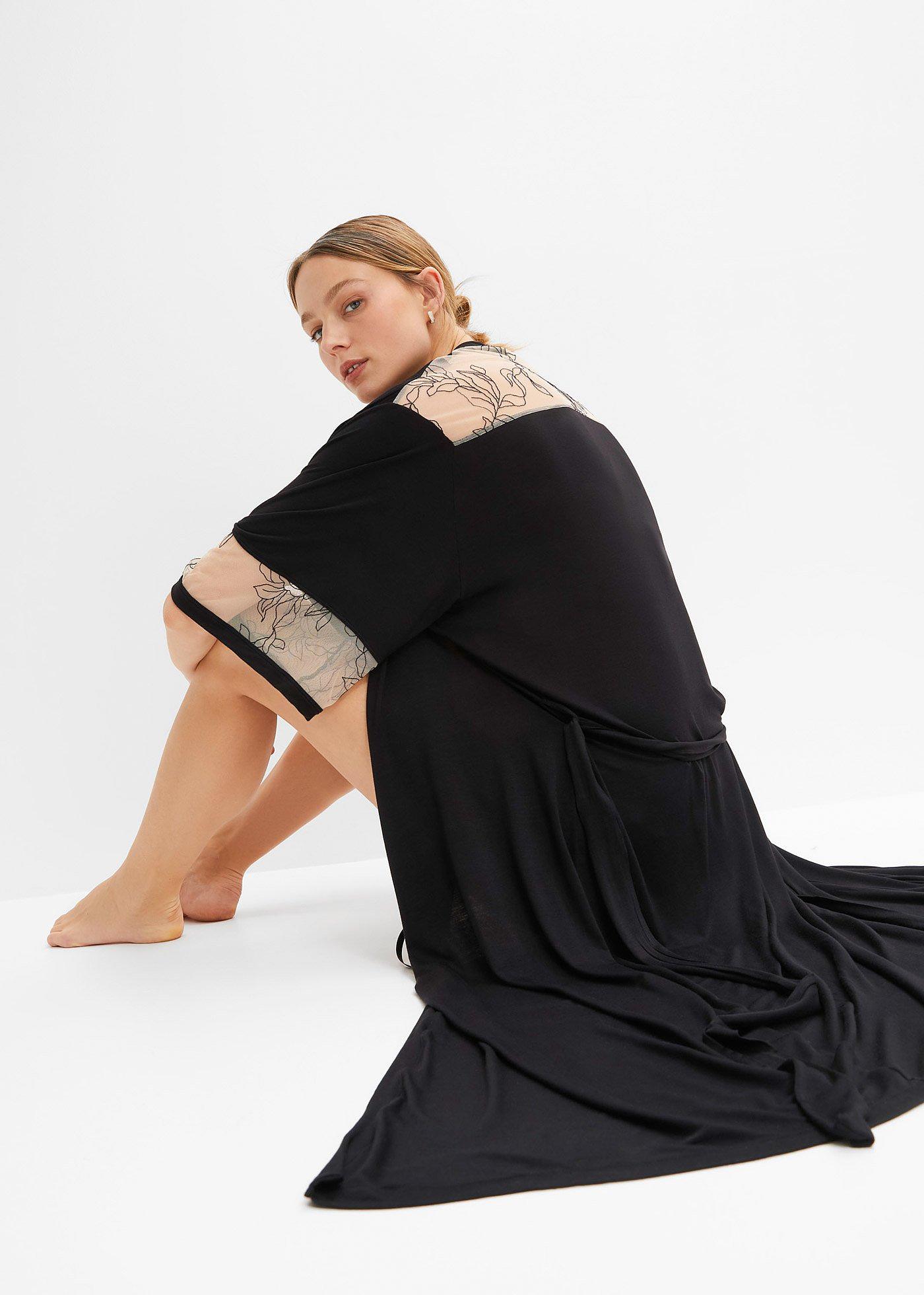 Długi szlafrok kimono z wiskozy z haftem - Bonprix