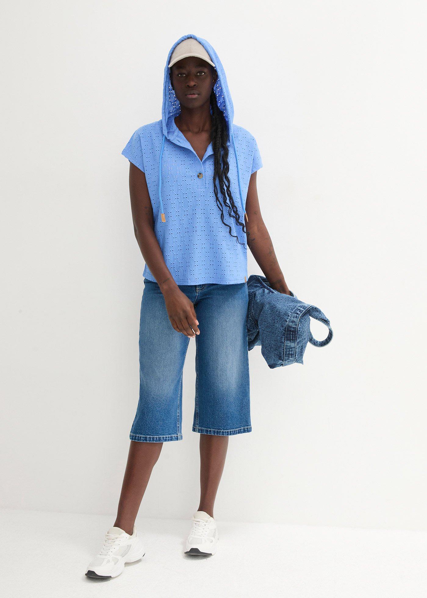 Shirt z dekoltem henley i kapturem - Bonprix