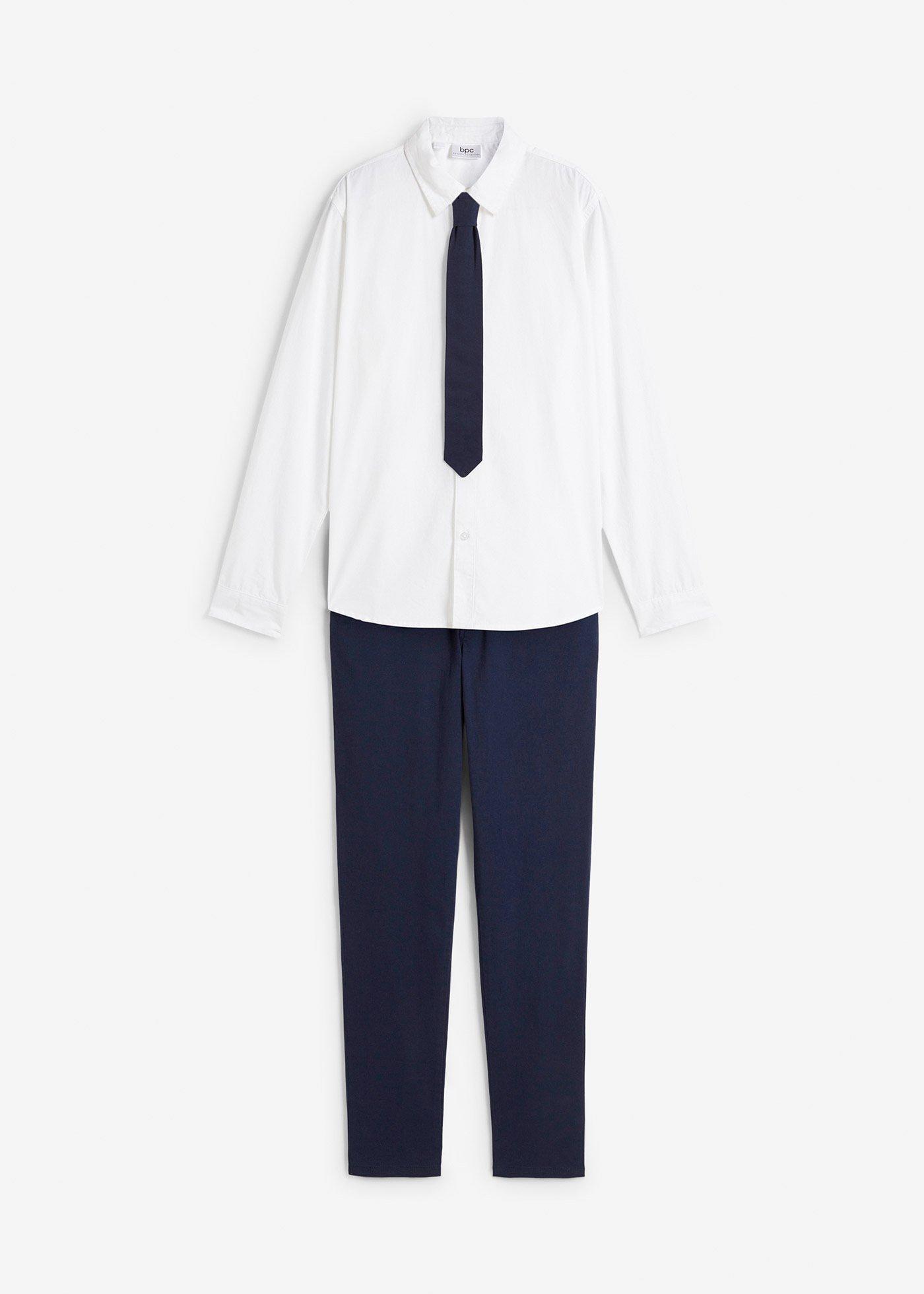 Koszula z długim rękawem  + spodnie chino + krawat (3 części) - Bonprix