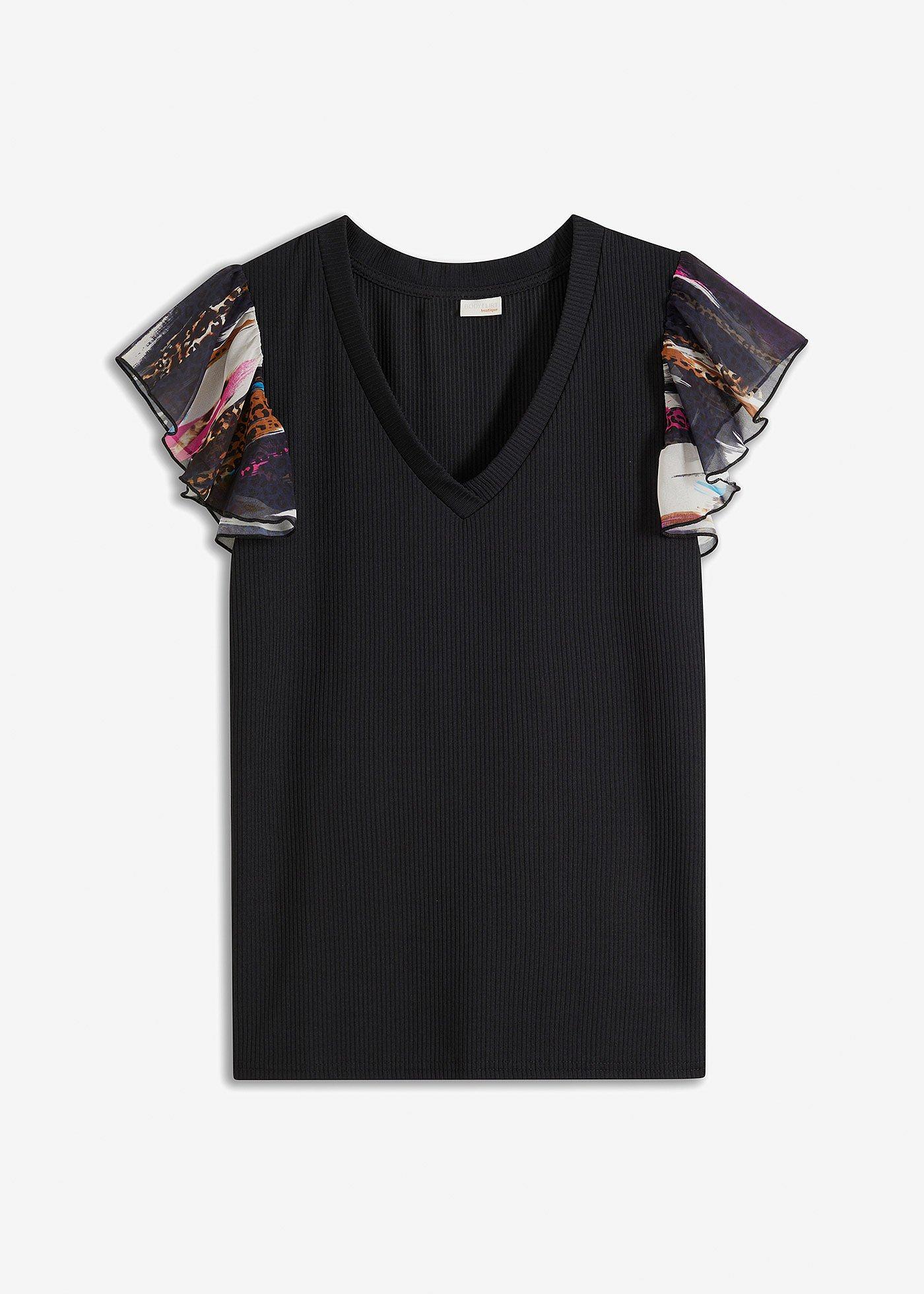 Ripp-Shirt mit Chiffon