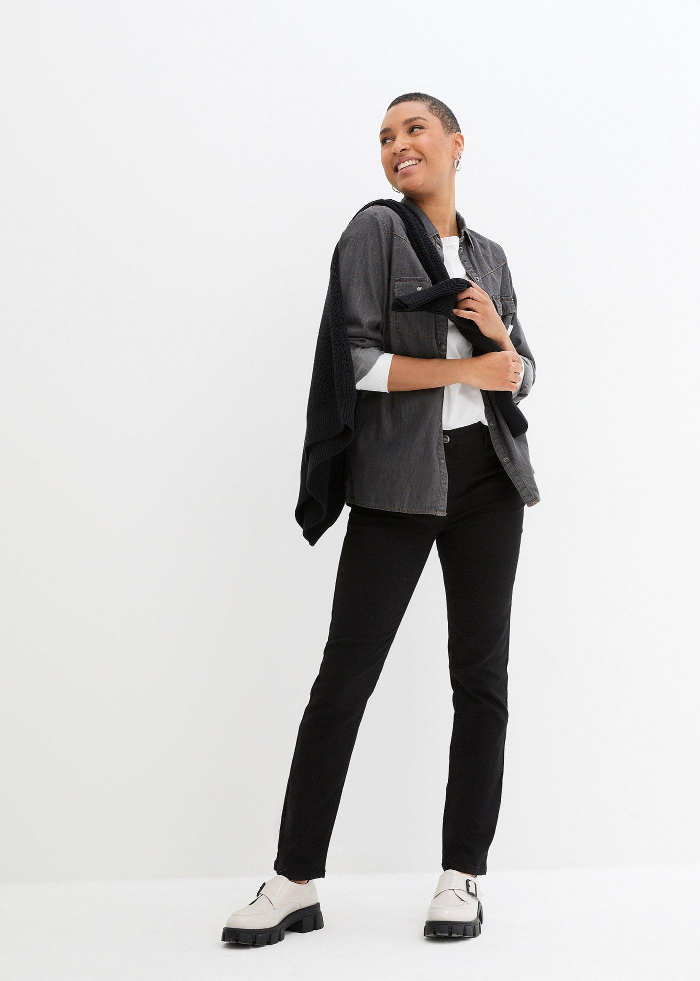 Dżinsy o kroju slim fit, mid waist, z wygodnym paskiem - Bonprix