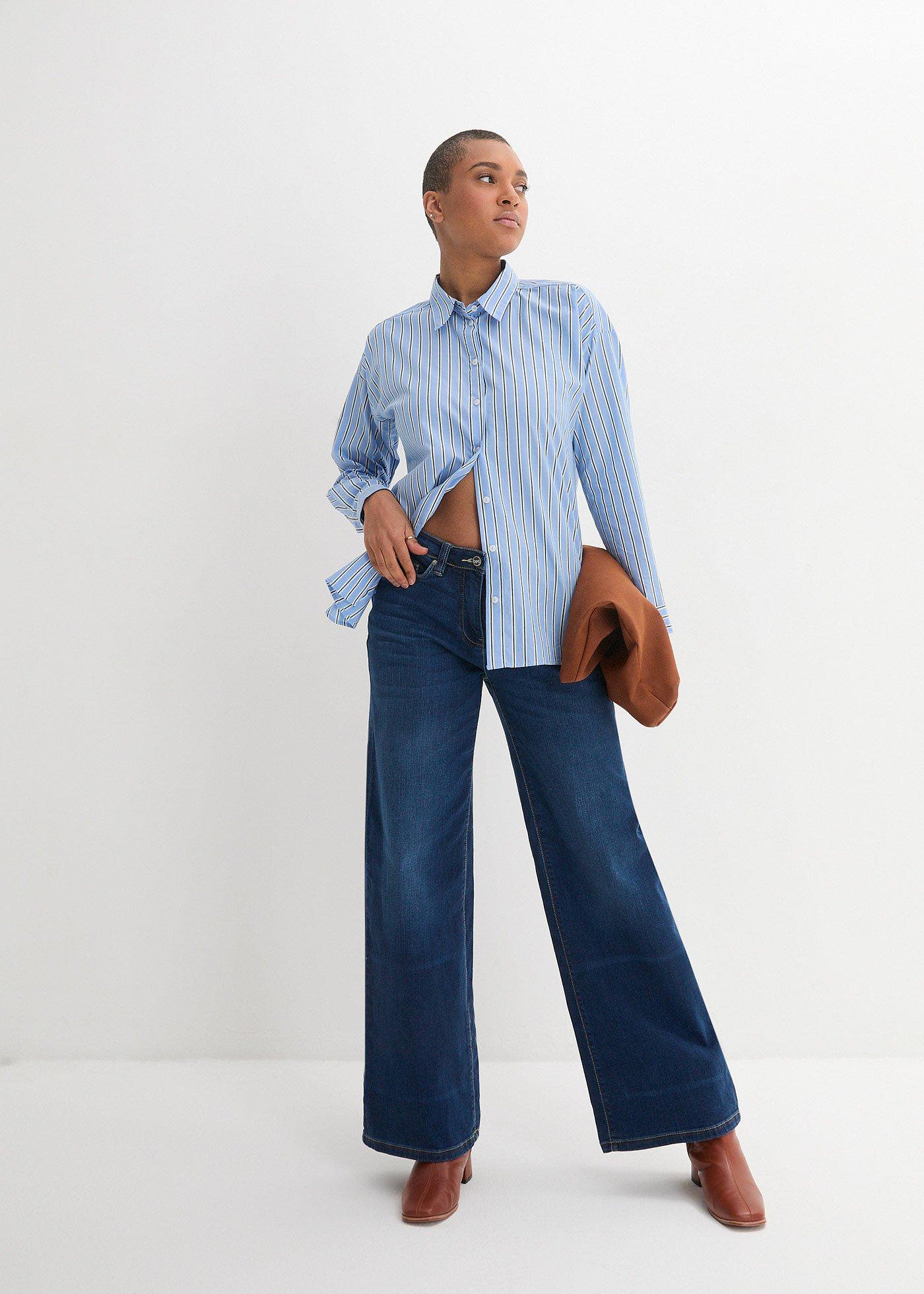 Dżinsy wide leg, mid waist, z wygodnym paskiem - Bonprix