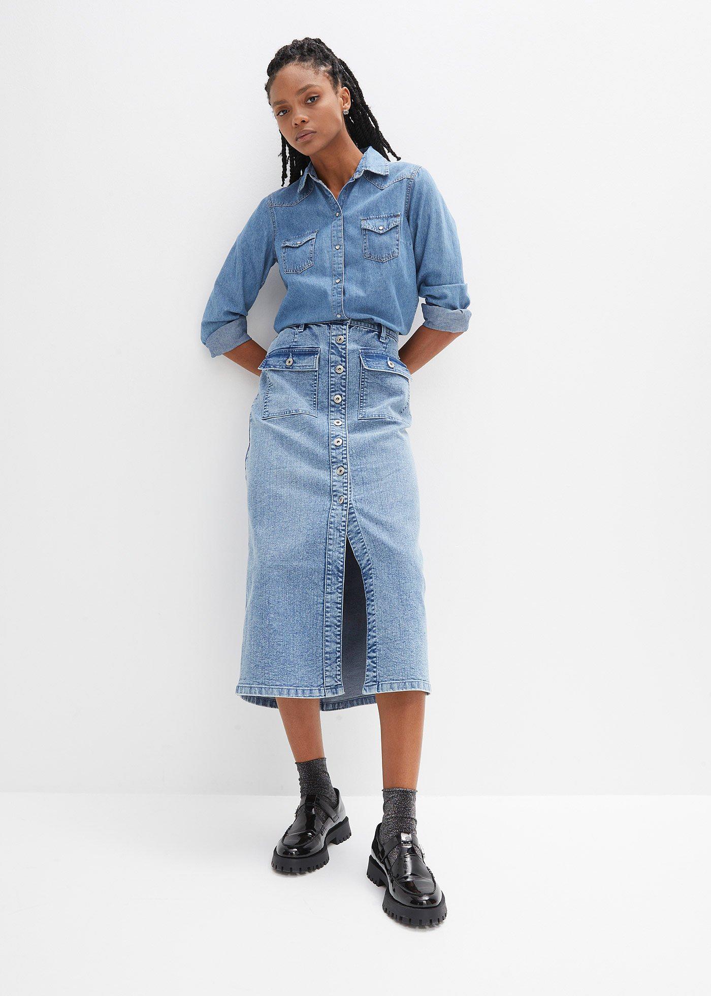 Spódnica dżinsowa z naszywanymi kieszeniami - Bonprix