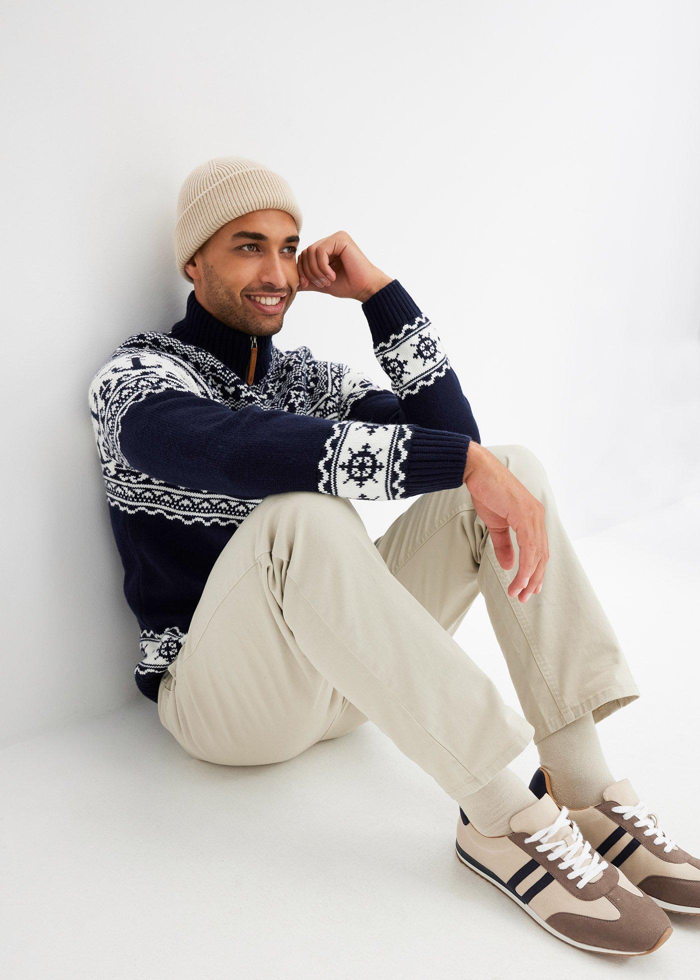 Sweter w norweski wzór ze stójką z zamkiem - Bonprix