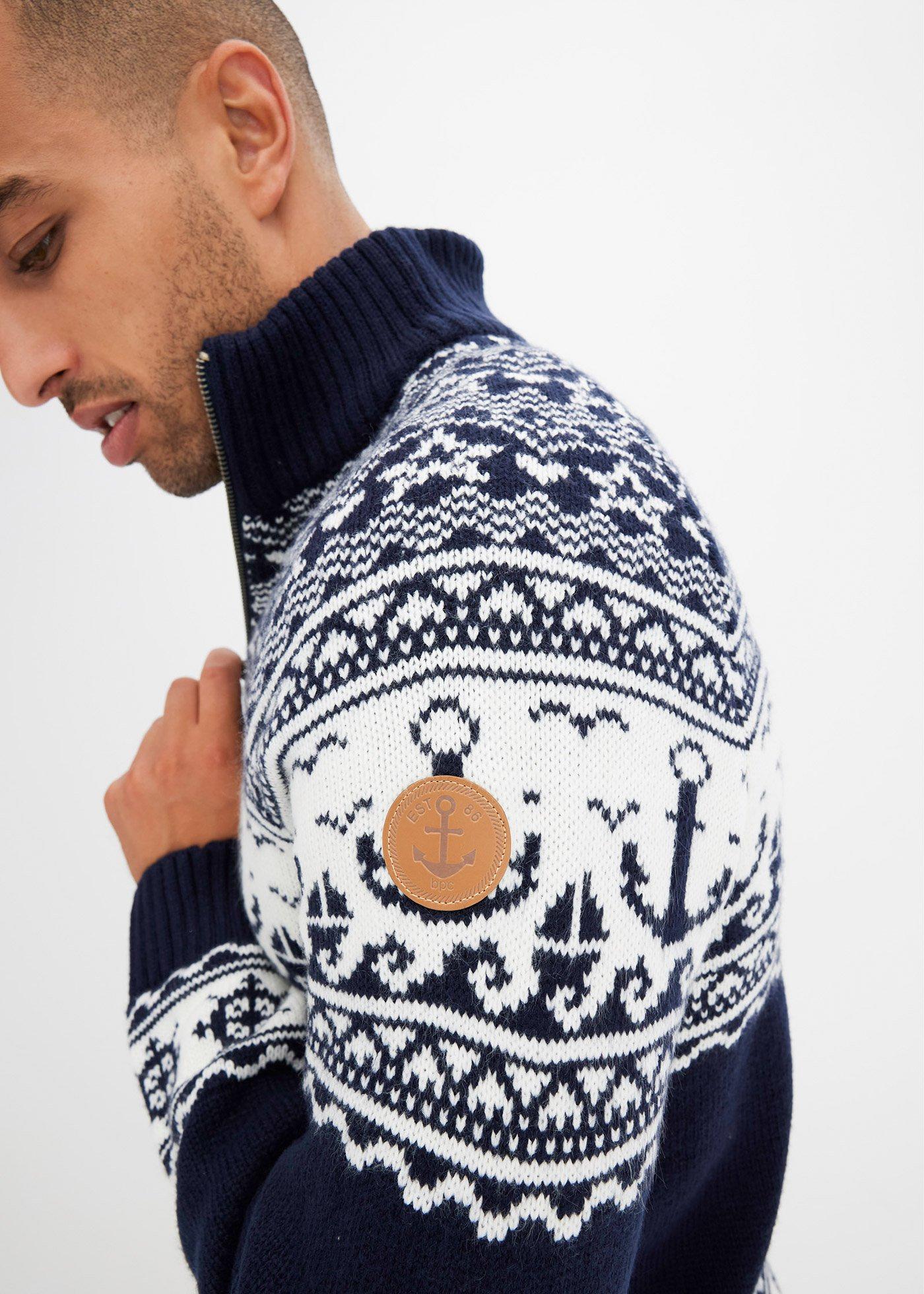 Sweter w norweski wzór ze stójką z zamkiem - Bonprix
