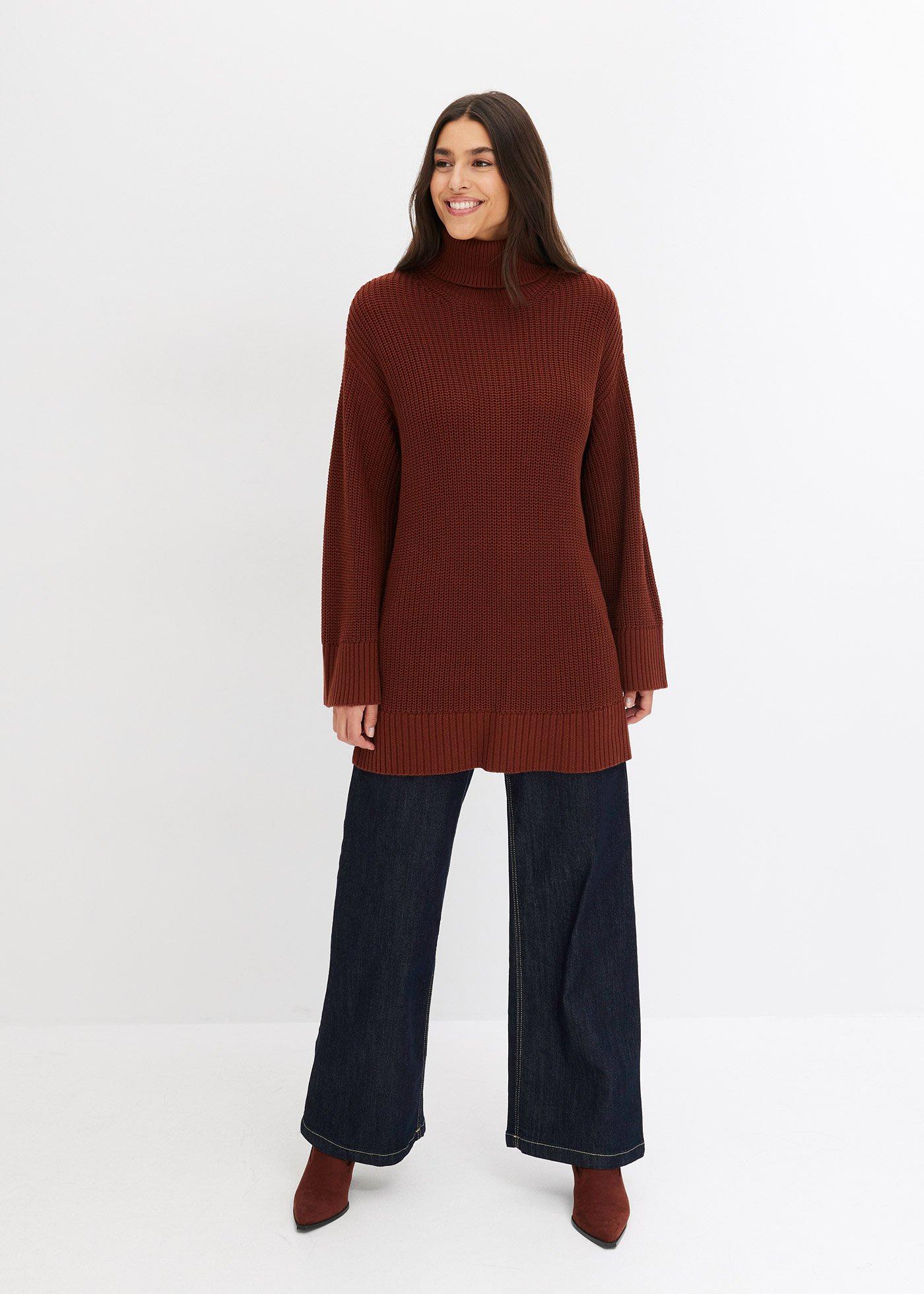 Sweter oversize z golfem z mieszanki bawełny - Bonprix