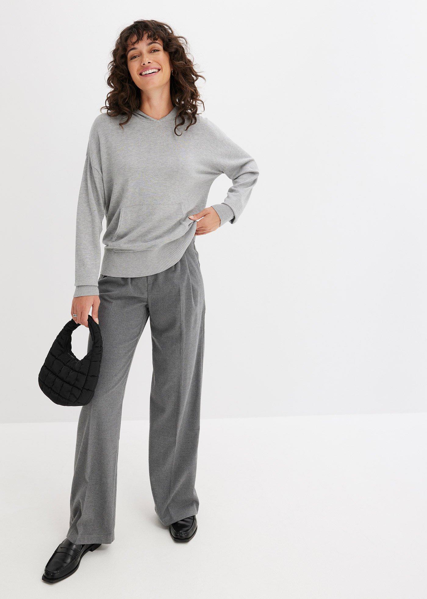 Bluza dzianinowa z kapturem i kieszonką kangurką, z materiału z domieszką wiskozy - Bonprix