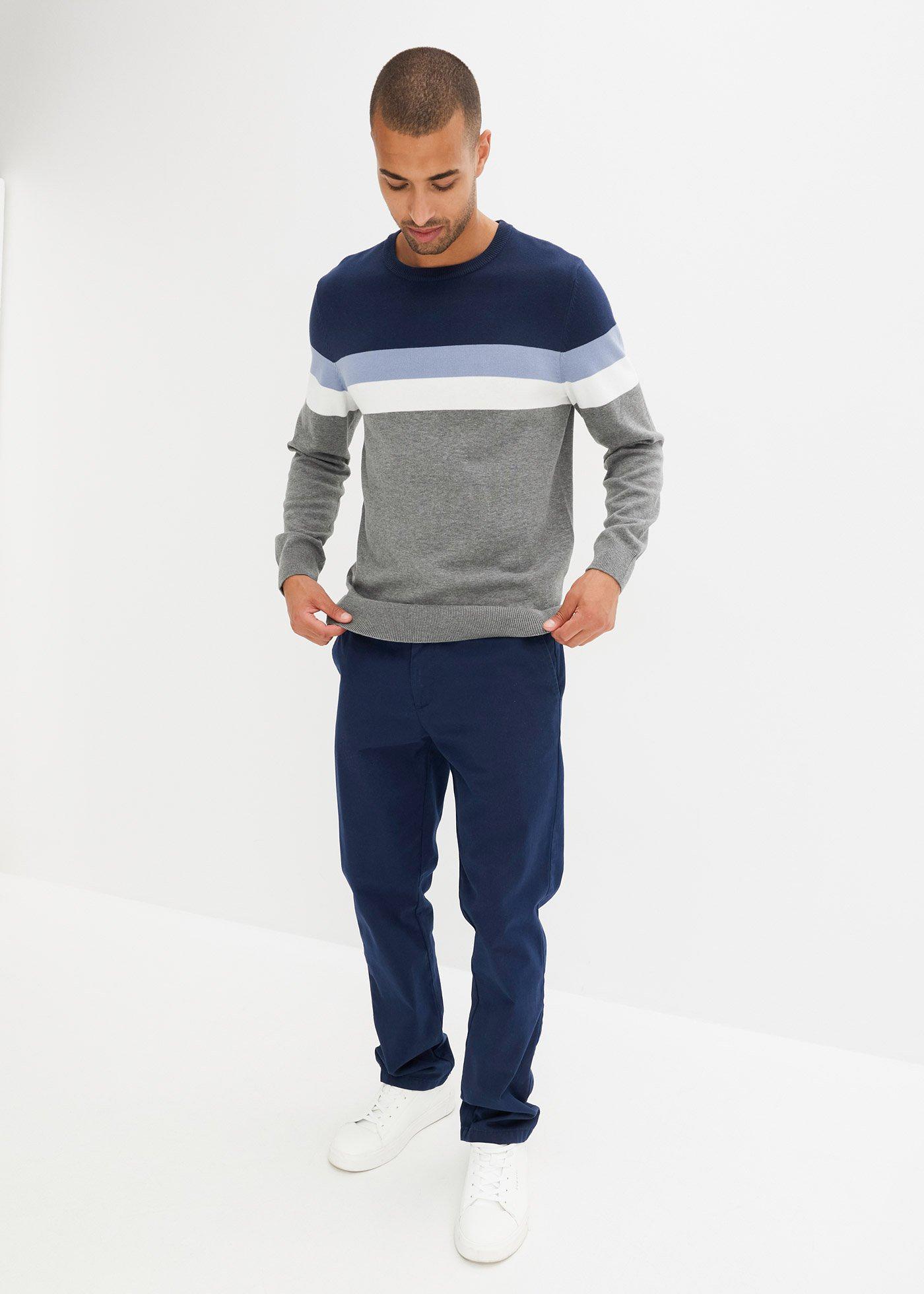 Sweter z dzianiny o splocie drobnych oczek, we wzór colourblocking, z bawełny - Bonprix