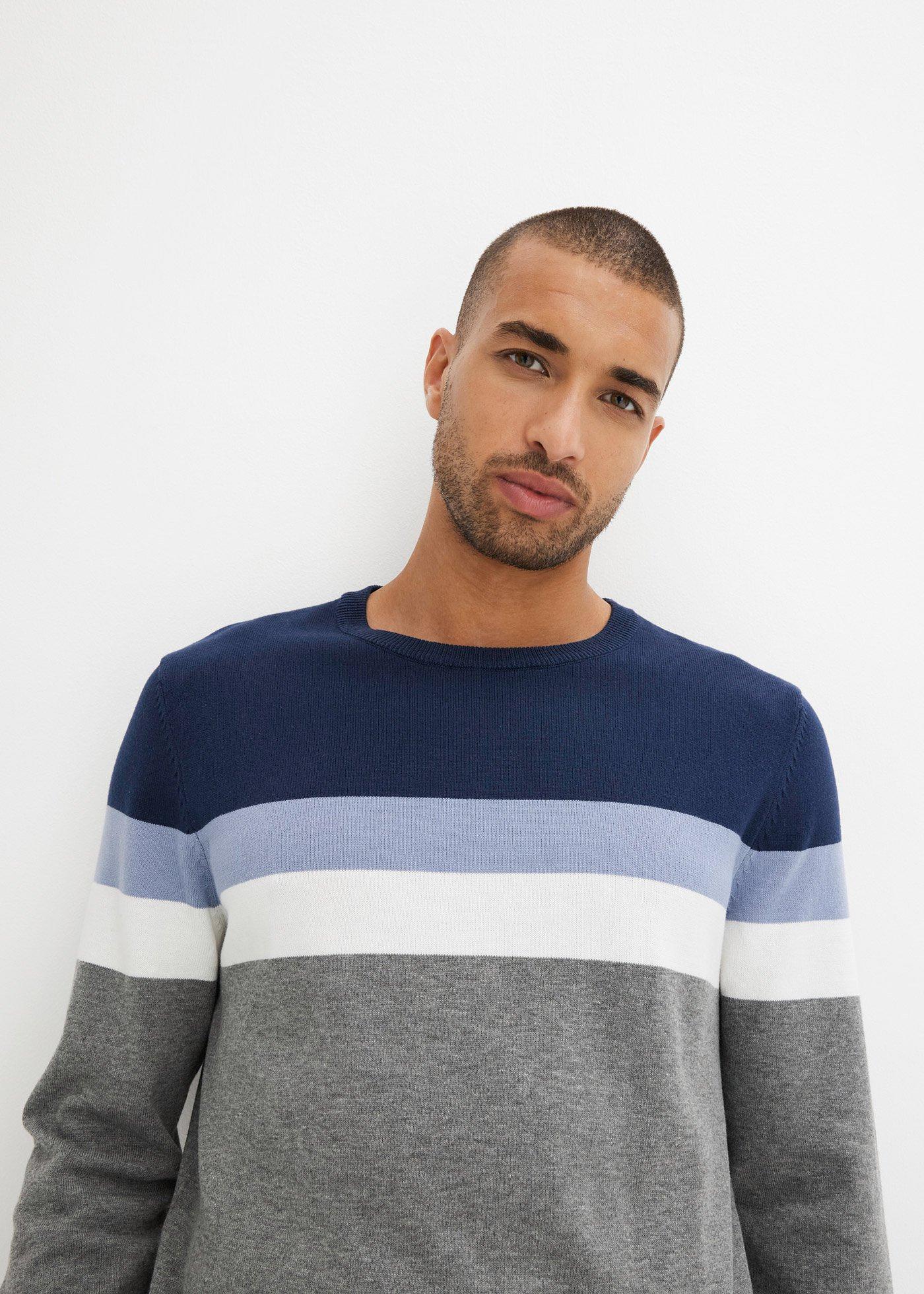 Sweter z dzianiny o splocie drobnych oczek, we wzór colourblocking, z bawełny - Bonprix