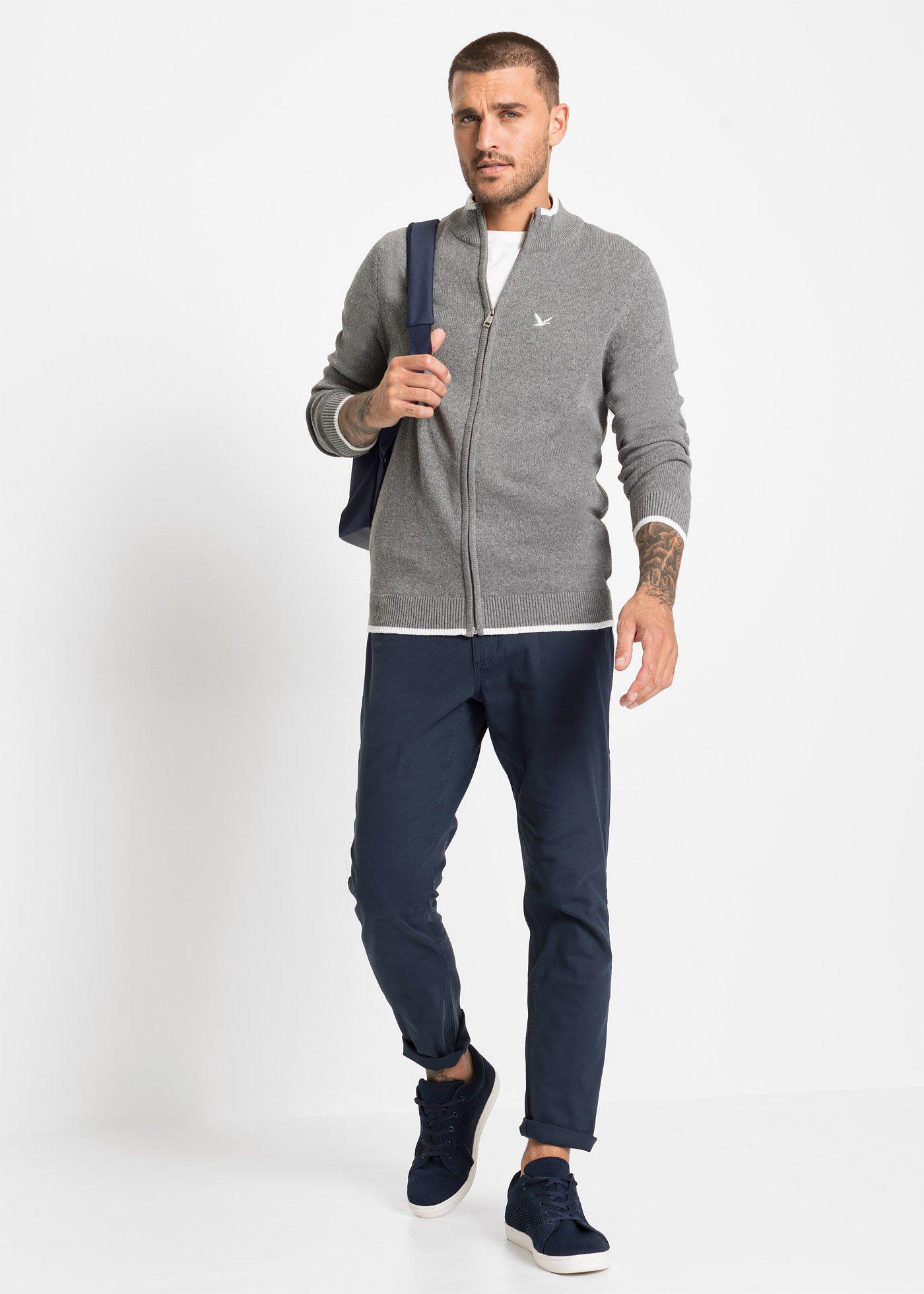 Sweter rozpinany ze stójką, z dzianiny o splocie drobnych oczek, z bawełny z recyklingu - Bonprix