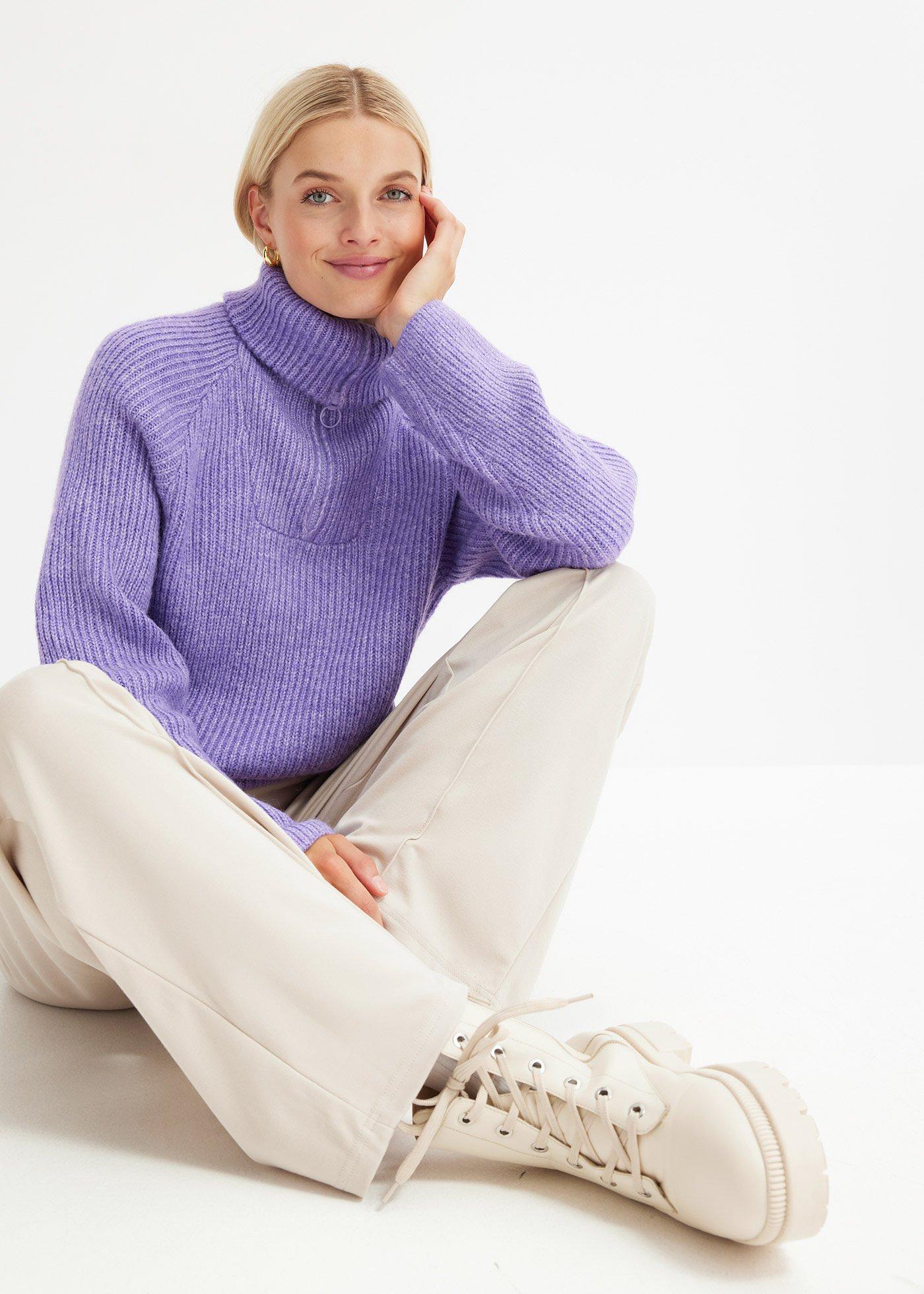Sweter w prążek ze stójką, z domieszką wełny - Bonprix