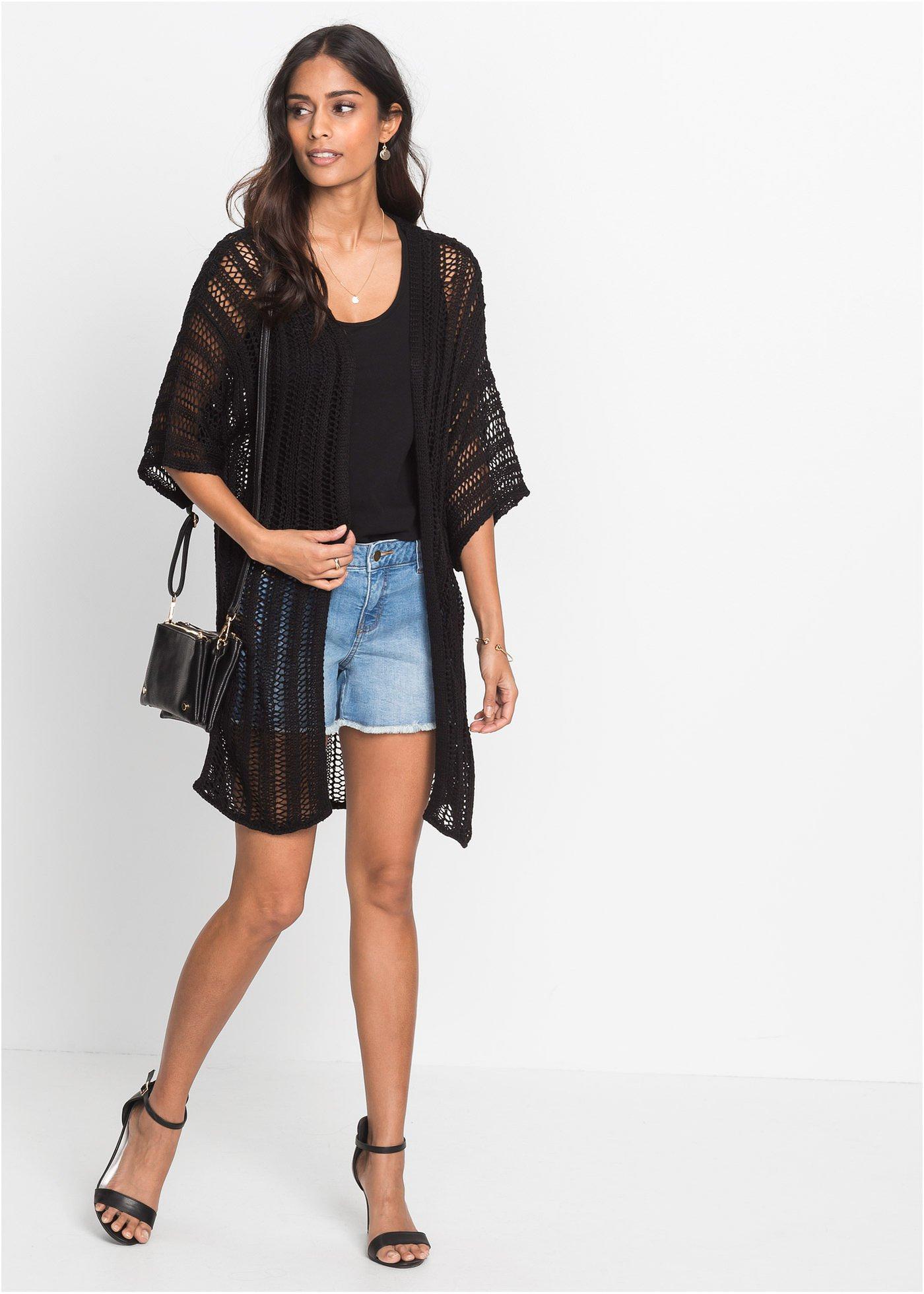 Długi sweter ażurowy bez zapięcia - Bonprix