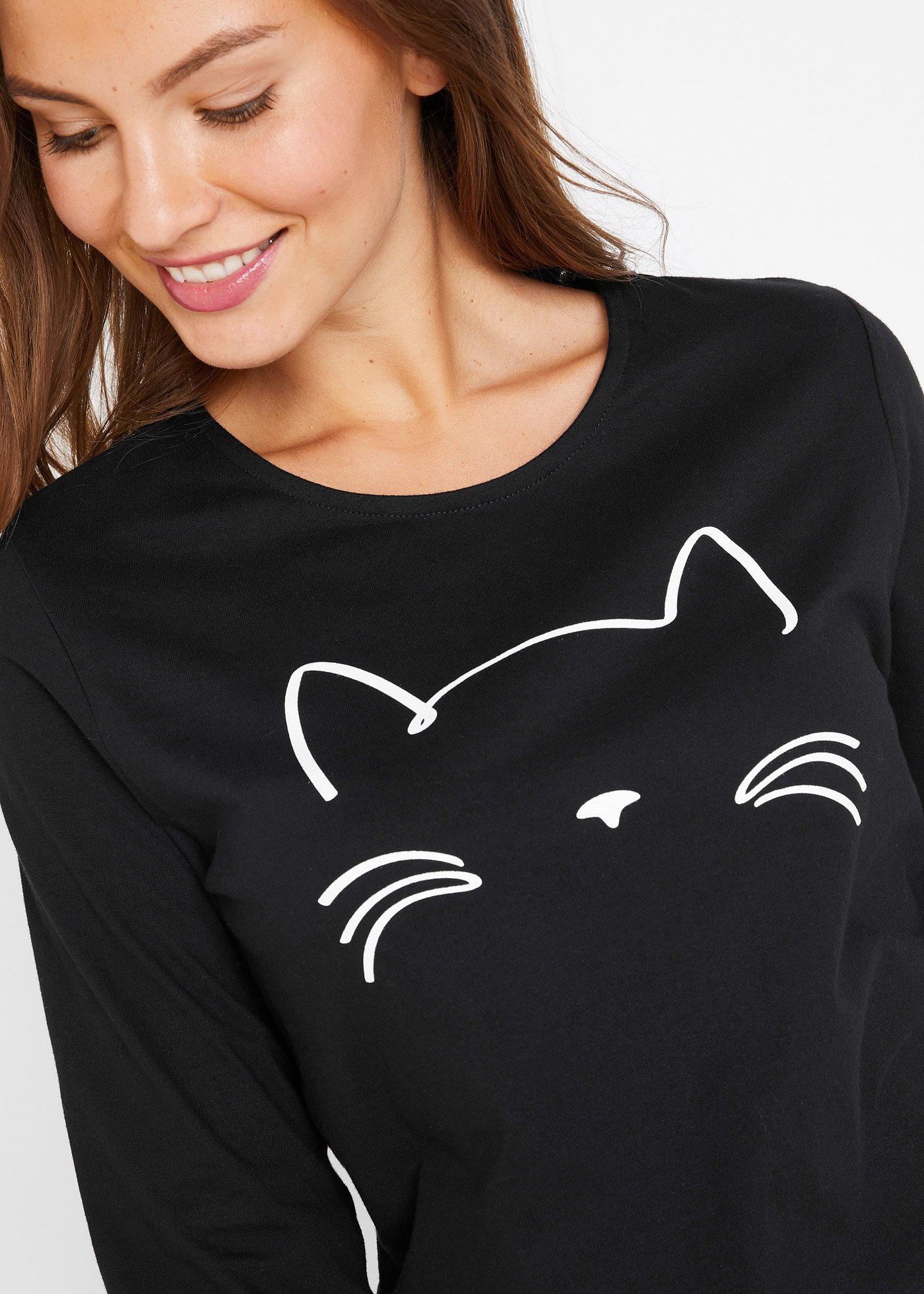 Shirt z długim rękawem i nadrukiem z motywem kota - Bonprix