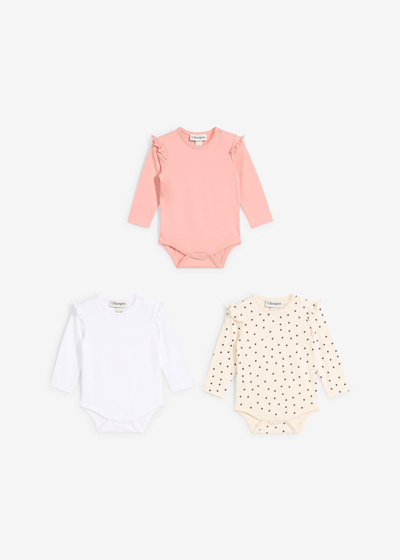 Body niemowlęce z długim rękawem i falbankami z czystej bawełny organicznej (3 szt.) - Bonprix