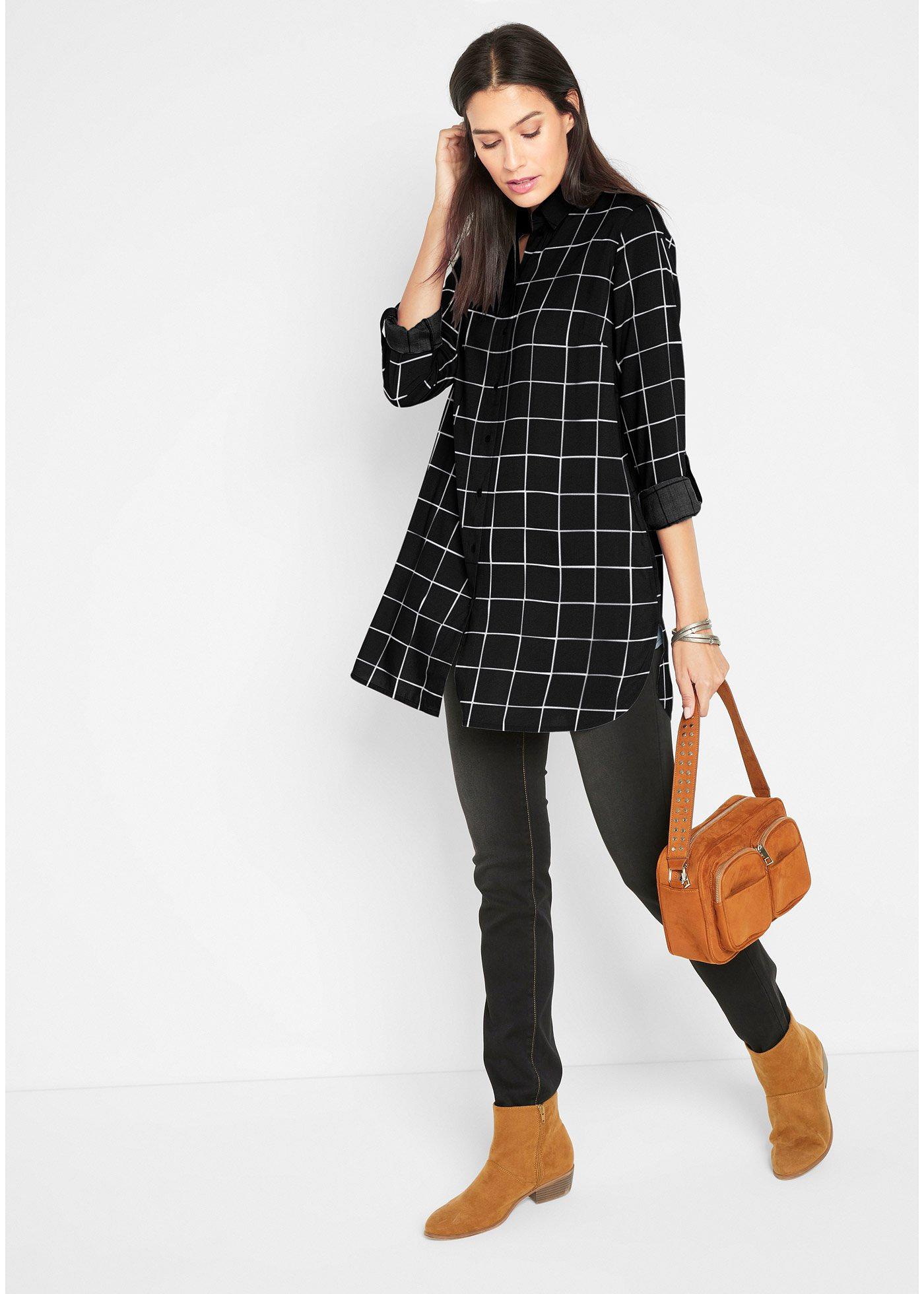 Długa bluzka w kratę z kieszeniami - Bonprix