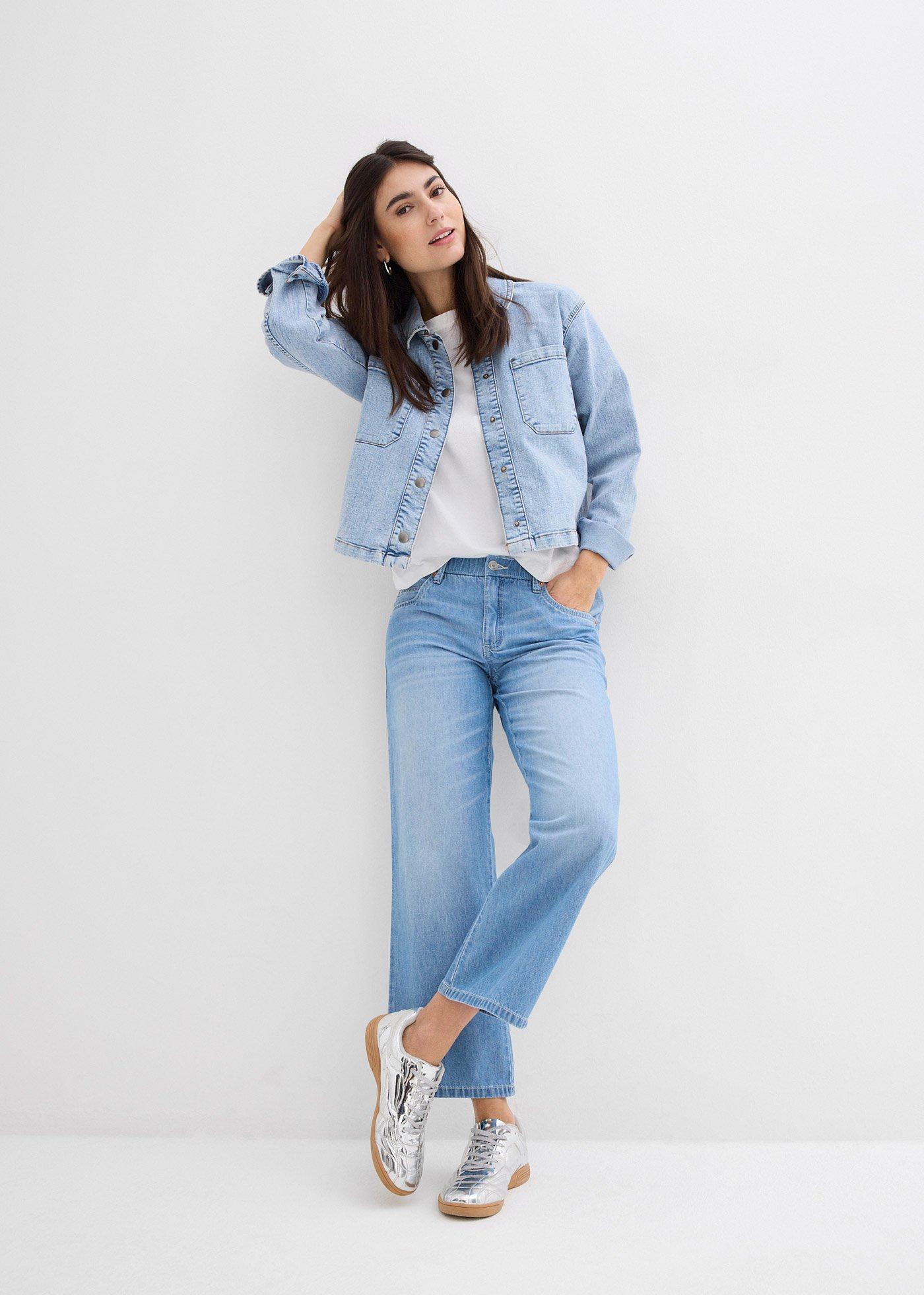 Dżinsy Straight, mid waist, z wygodnym paskiem, łów stretch, cropped - Bonprix