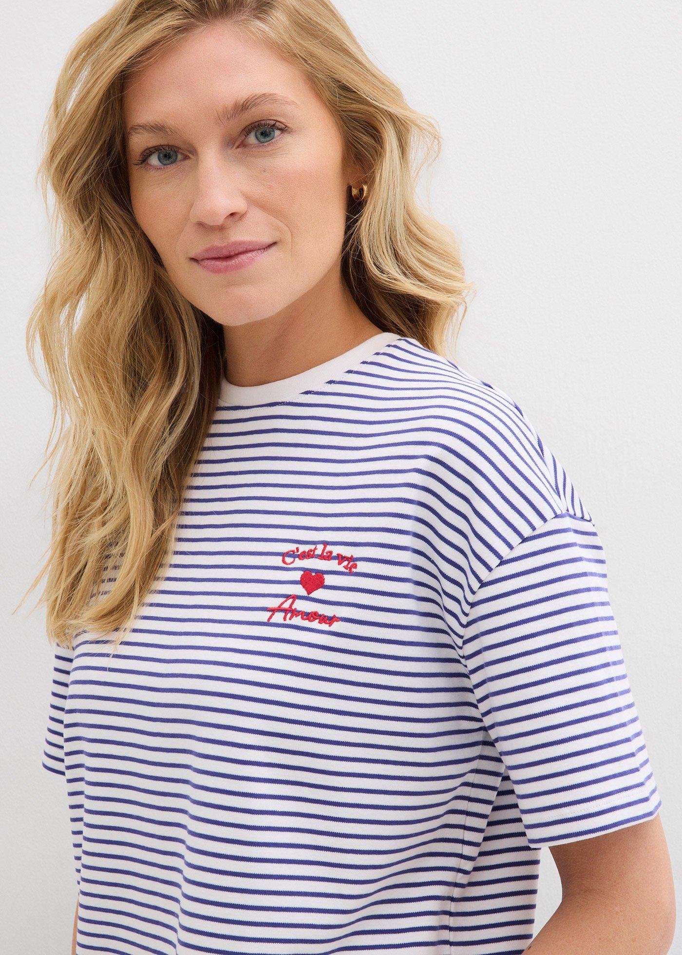T-shirt w paski, z haftem - Bonprix