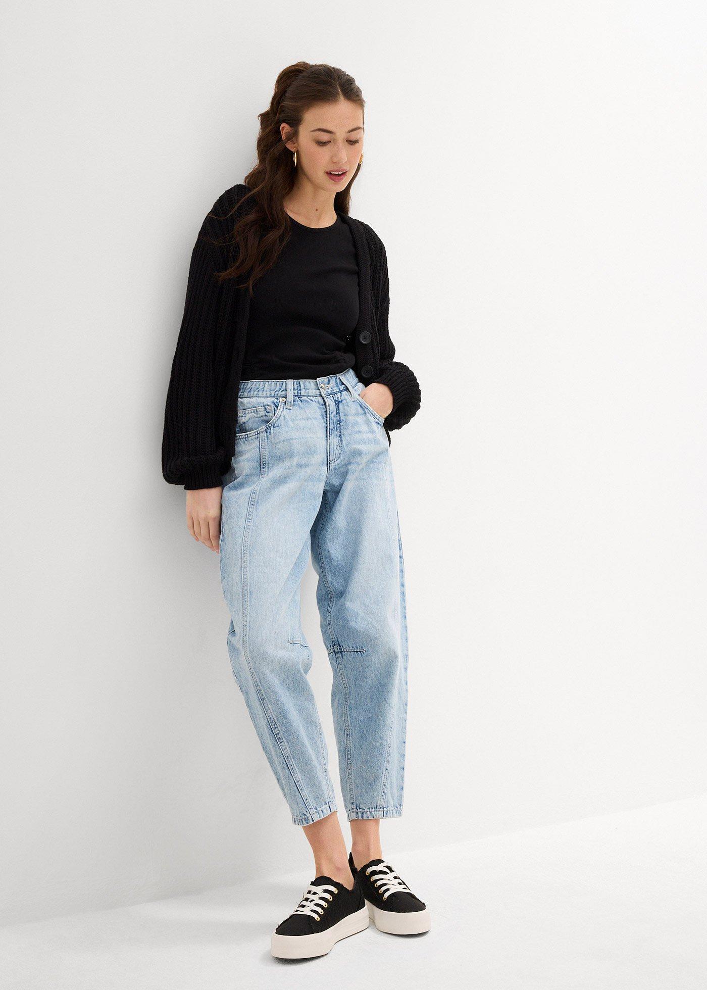 Jeansy barrel, mid waist, cropped - Bonprix