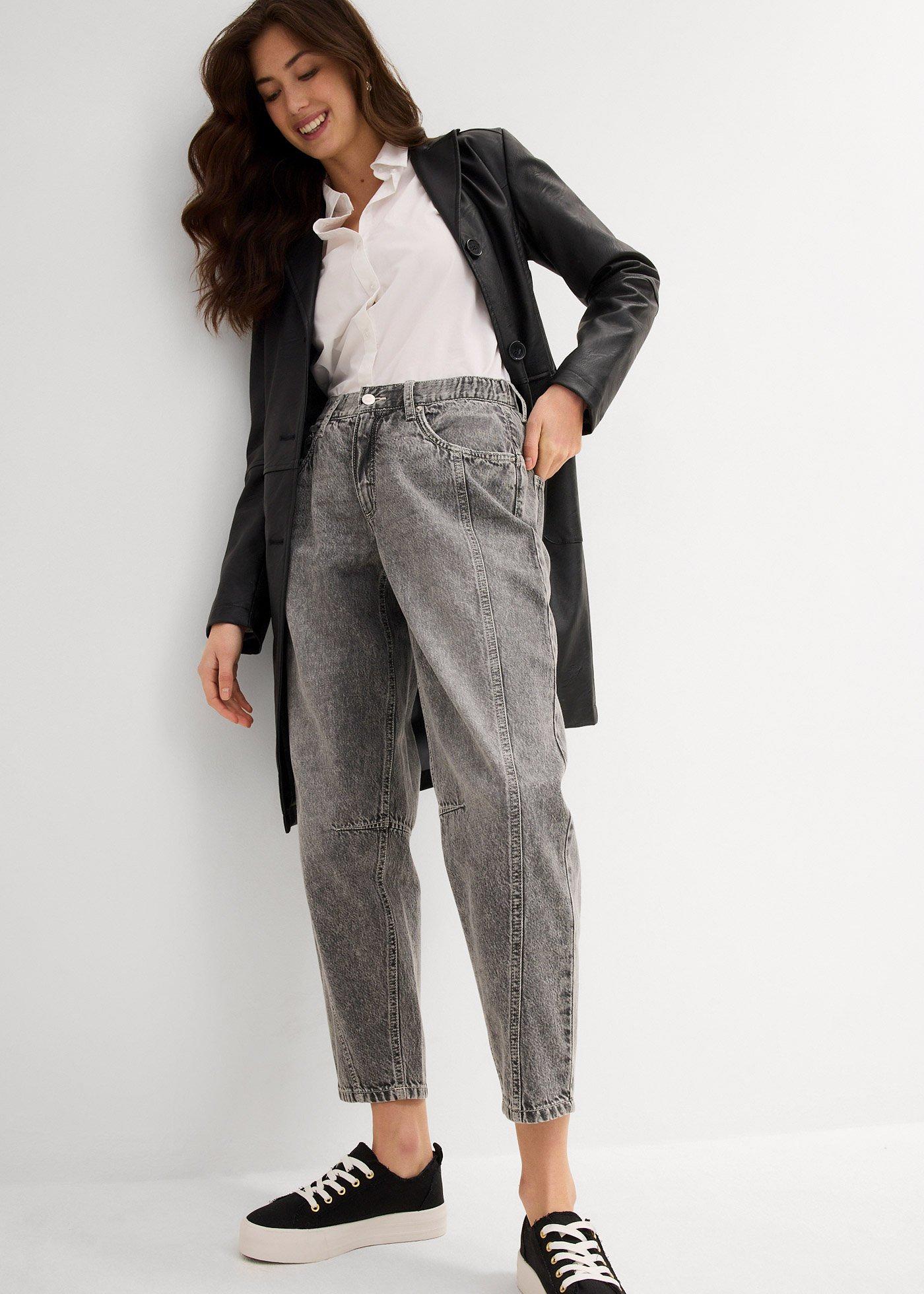 Jeansy barrel, mid waist, cropped - Bonprix