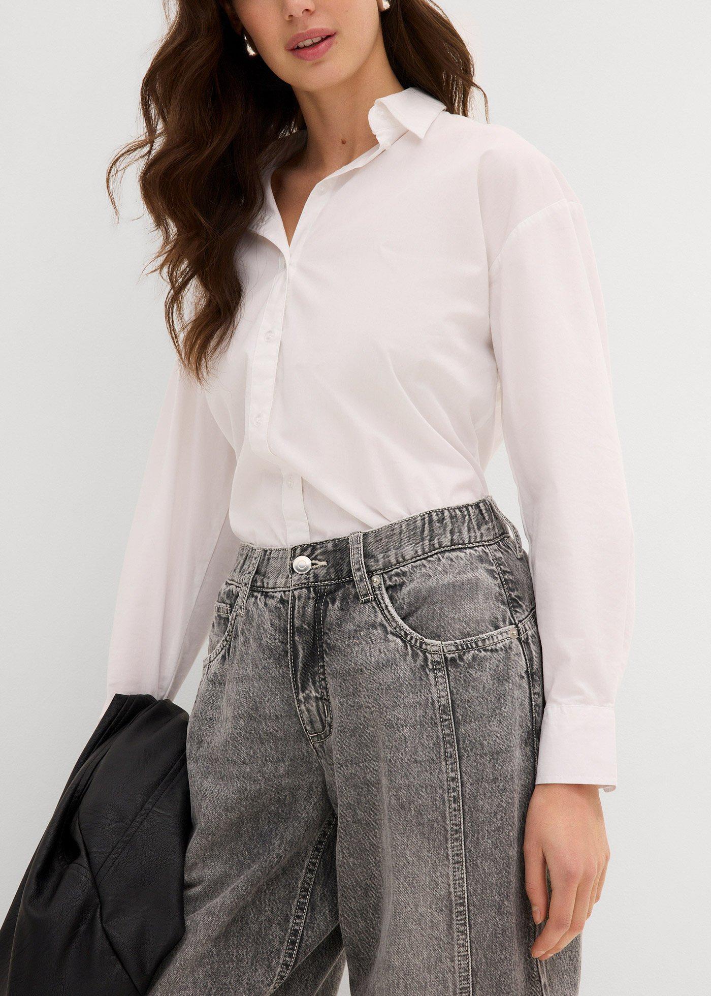 Jeansy barrel, mid waist, cropped - Bonprix