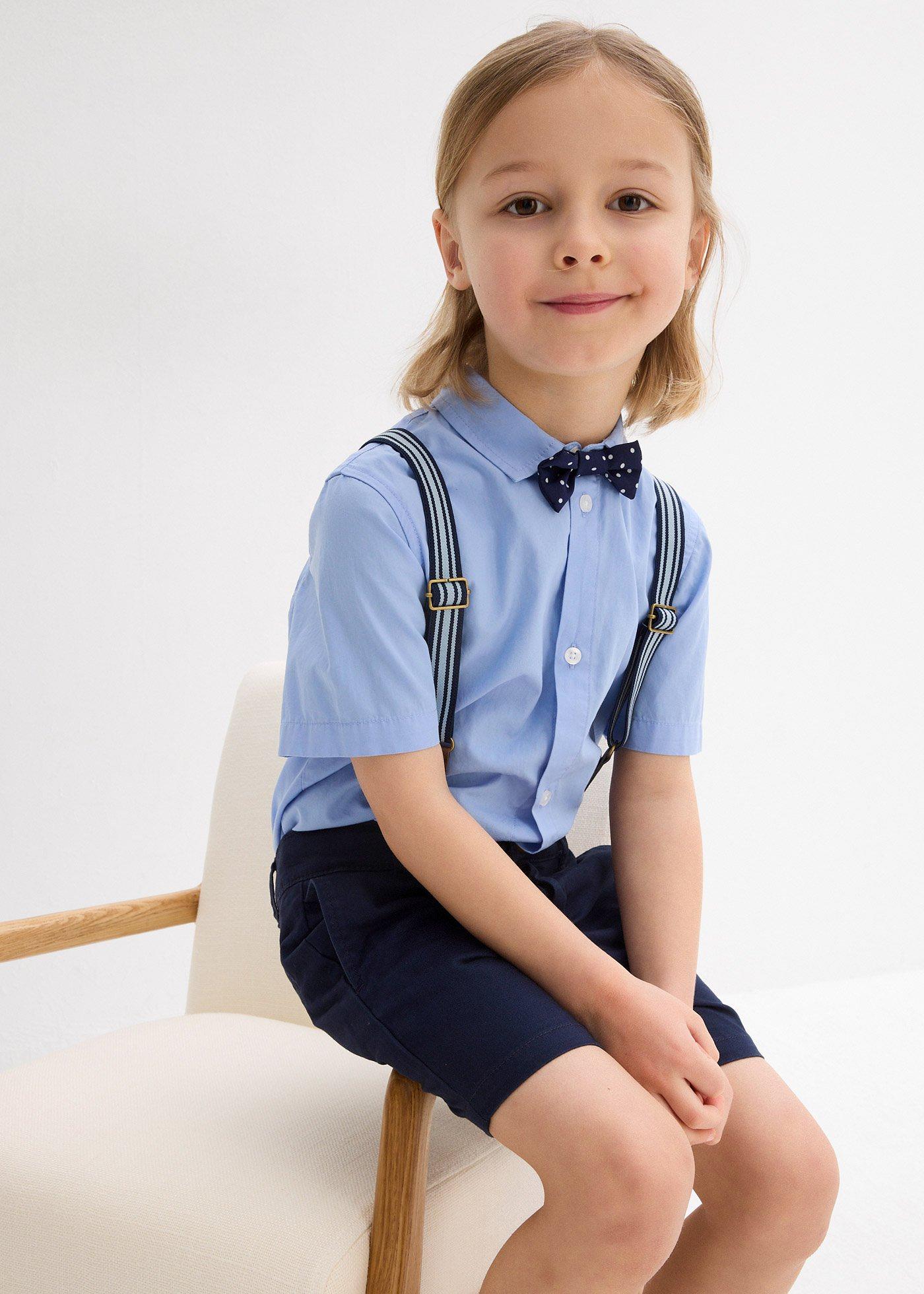 Koszula z krótkim rękawem, bermudy chino  na szelkach i mucha (4 części) - Bonprix