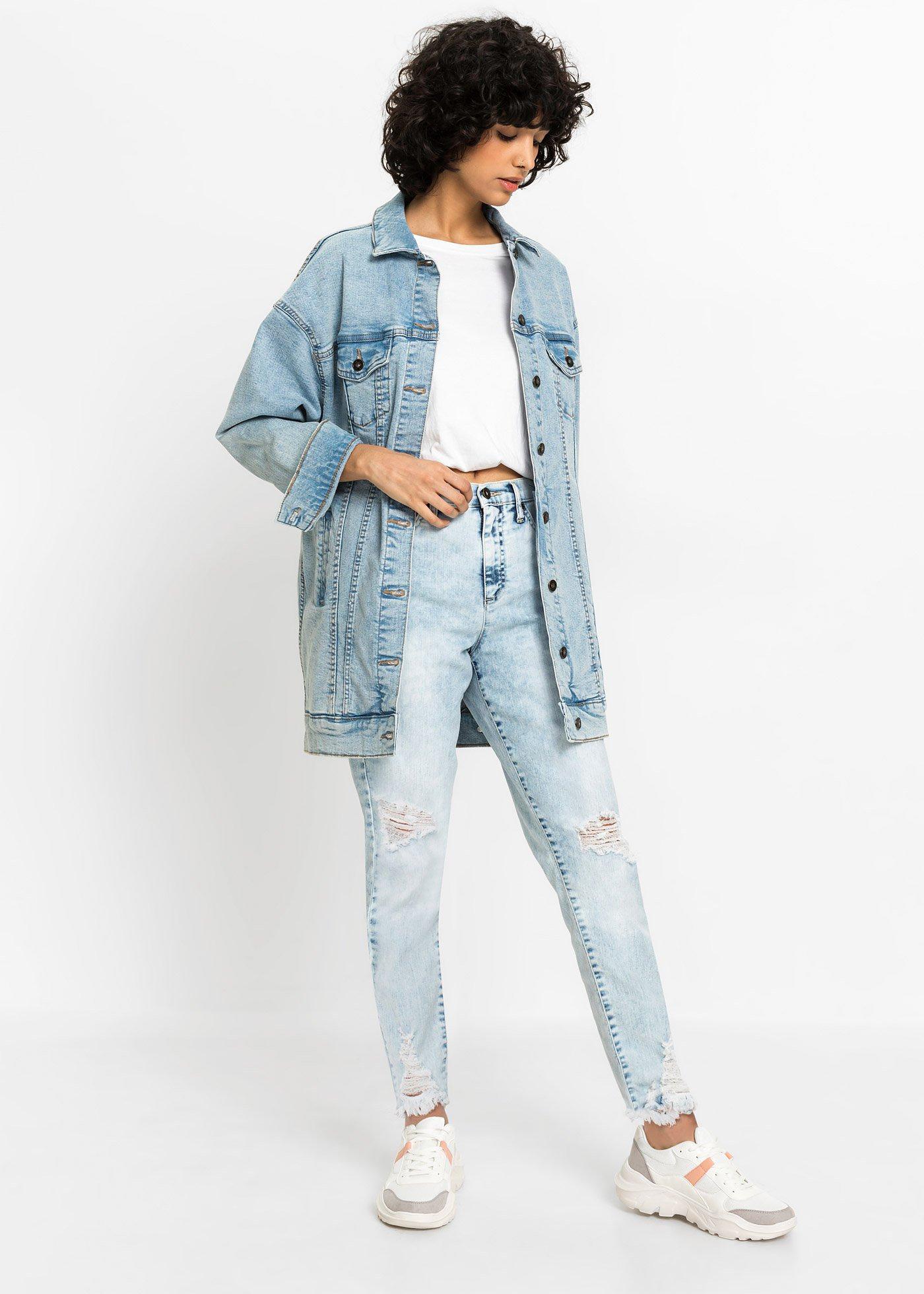 Dżinsy Mom high waist z ozdobnymi przetarciami - Bonprix