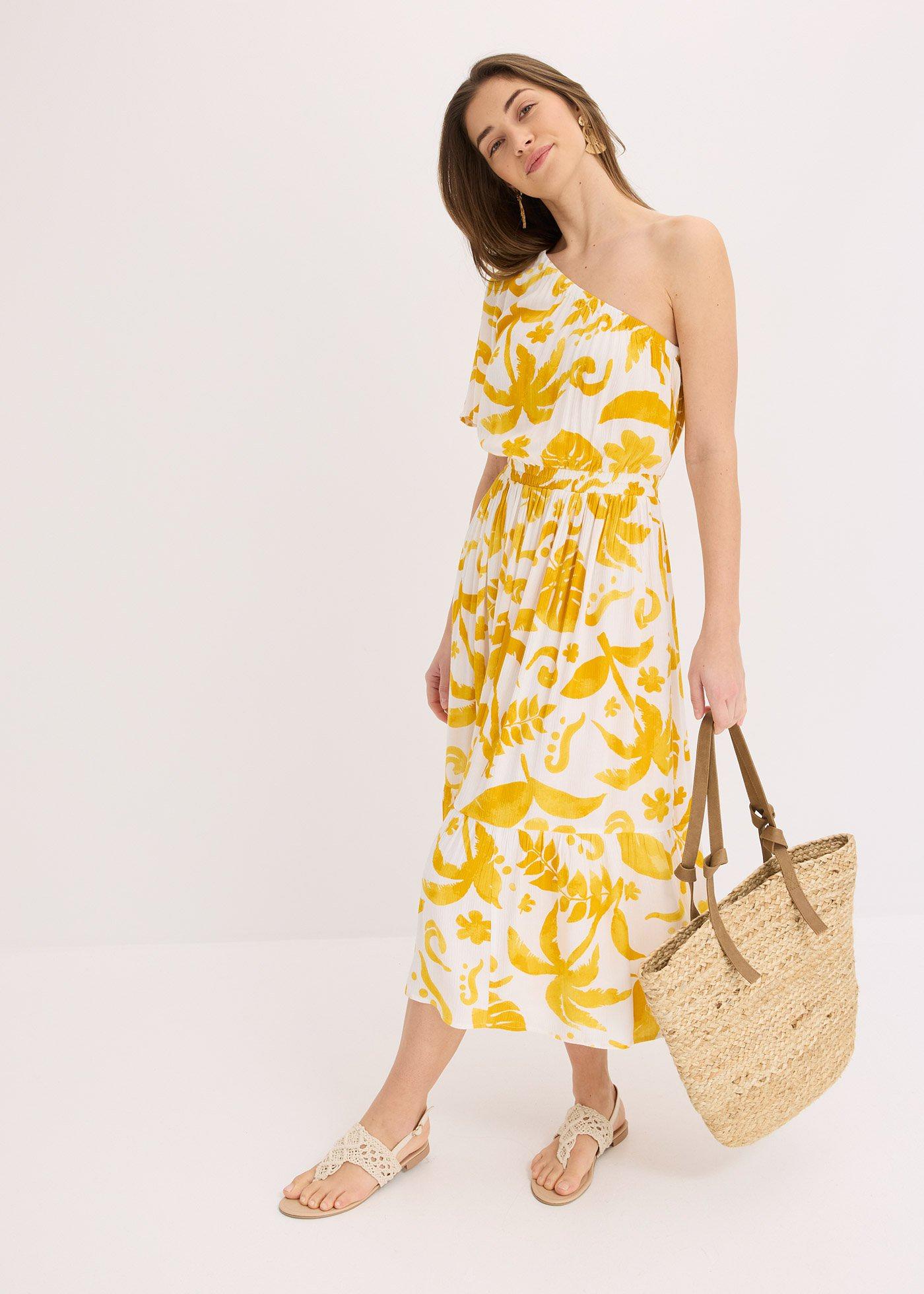 Sukienka one-shoulder ze strukturalnej wiskozy z nadrukiem - Bonprix