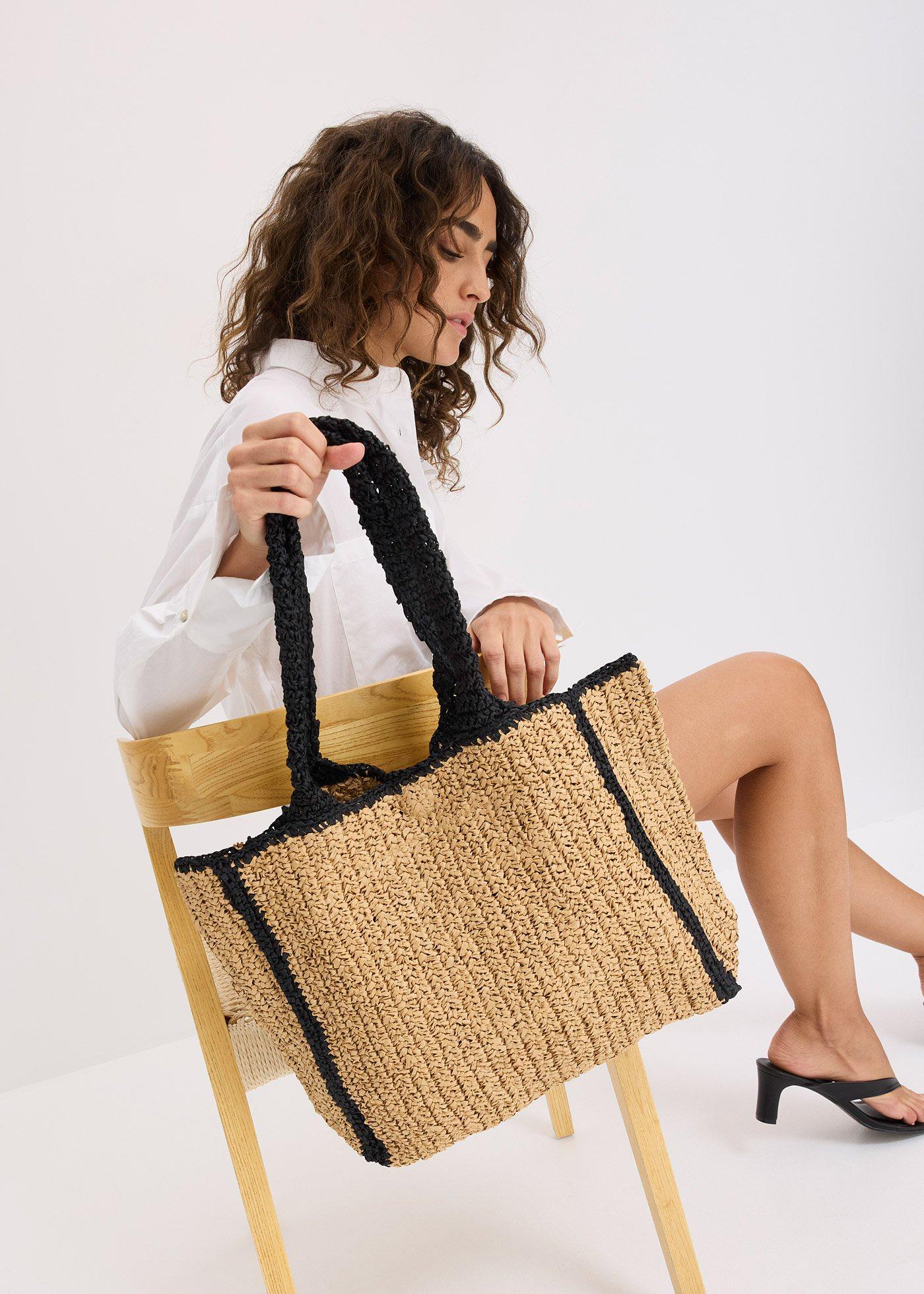 Słomkowa torba typu shopper z kontrastowymi detalami - Bonprix