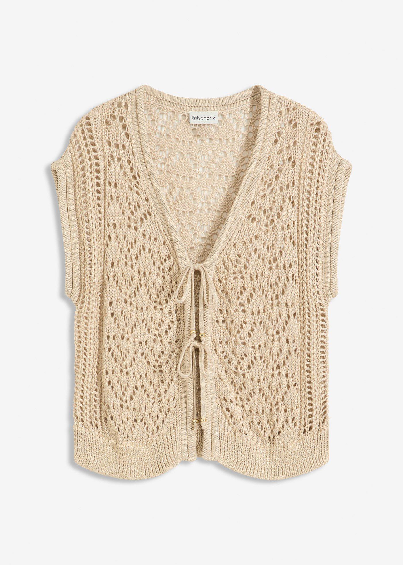 Gilet sans manches en maille ajourée et fil brillant