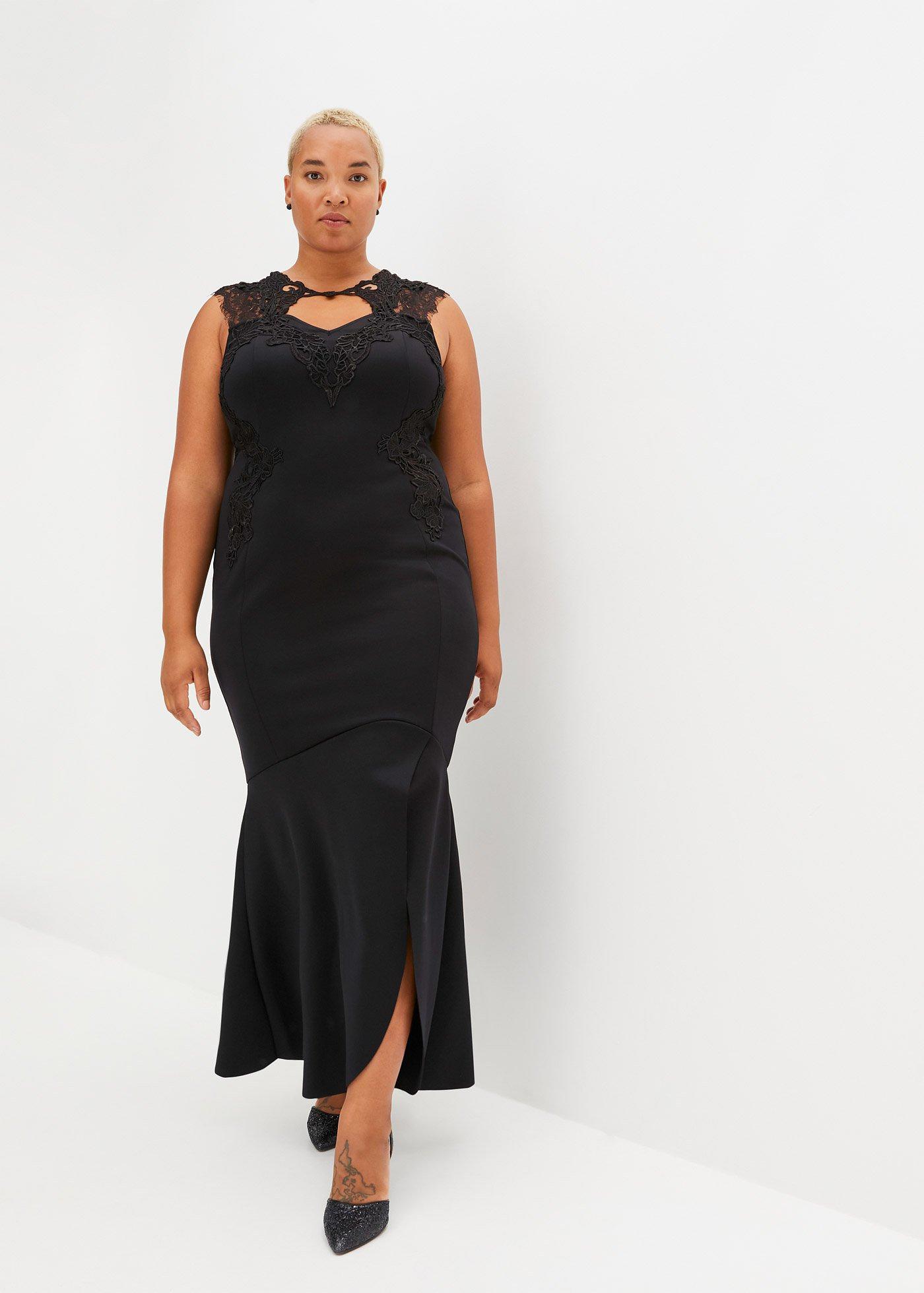 Długa sukienka ze sztywniejszego materiału scuba z koronką - Bonprix