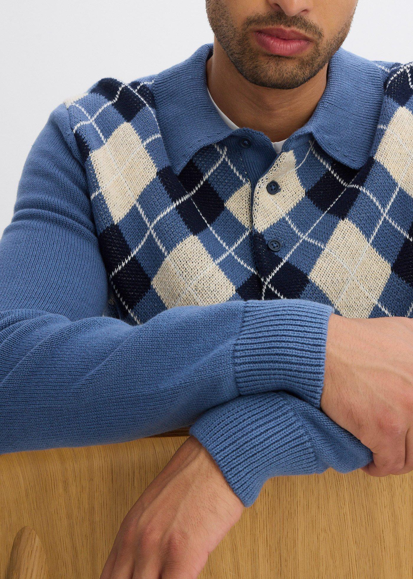 Sweter polo ze wzorem w romby z czystej bawełny - Bonprix