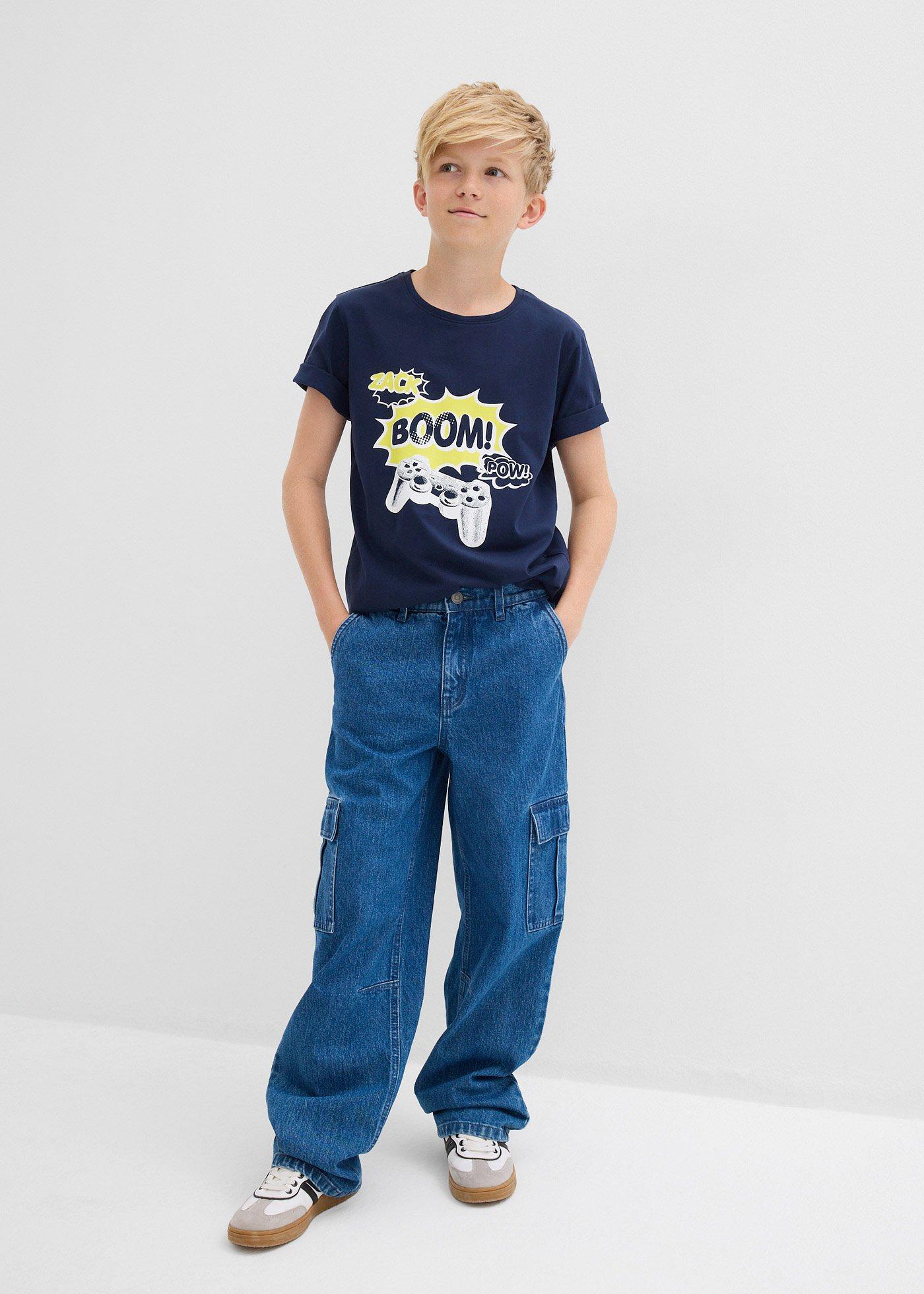 Dżinsy typu cargo w fasonie loose fit z regulowanym pasem, prosta nogawka - Bonprix