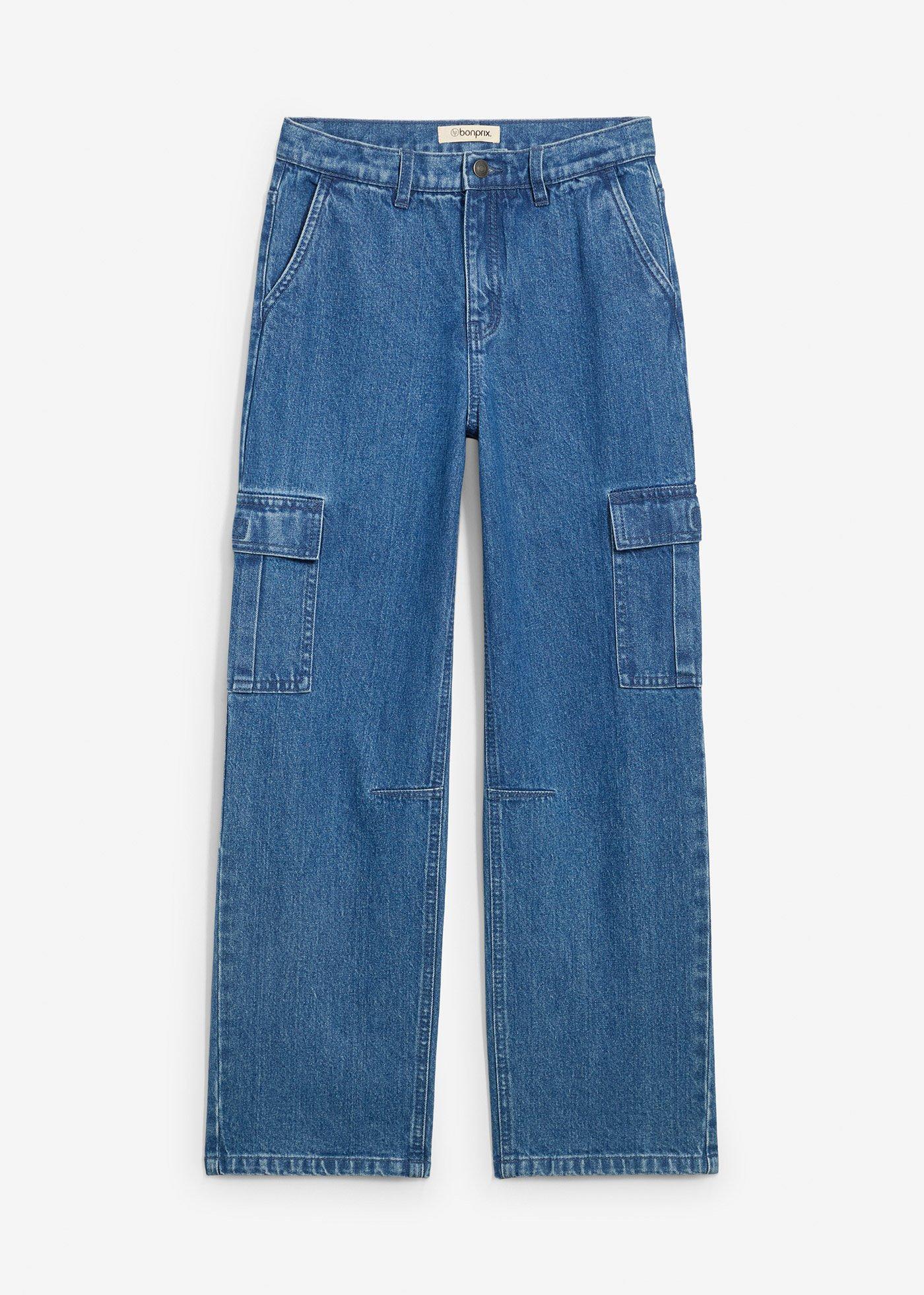 Dżinsy typu cargo w fasonie loose fit z regulowanym pasem, prosta nogawka - Bonprix