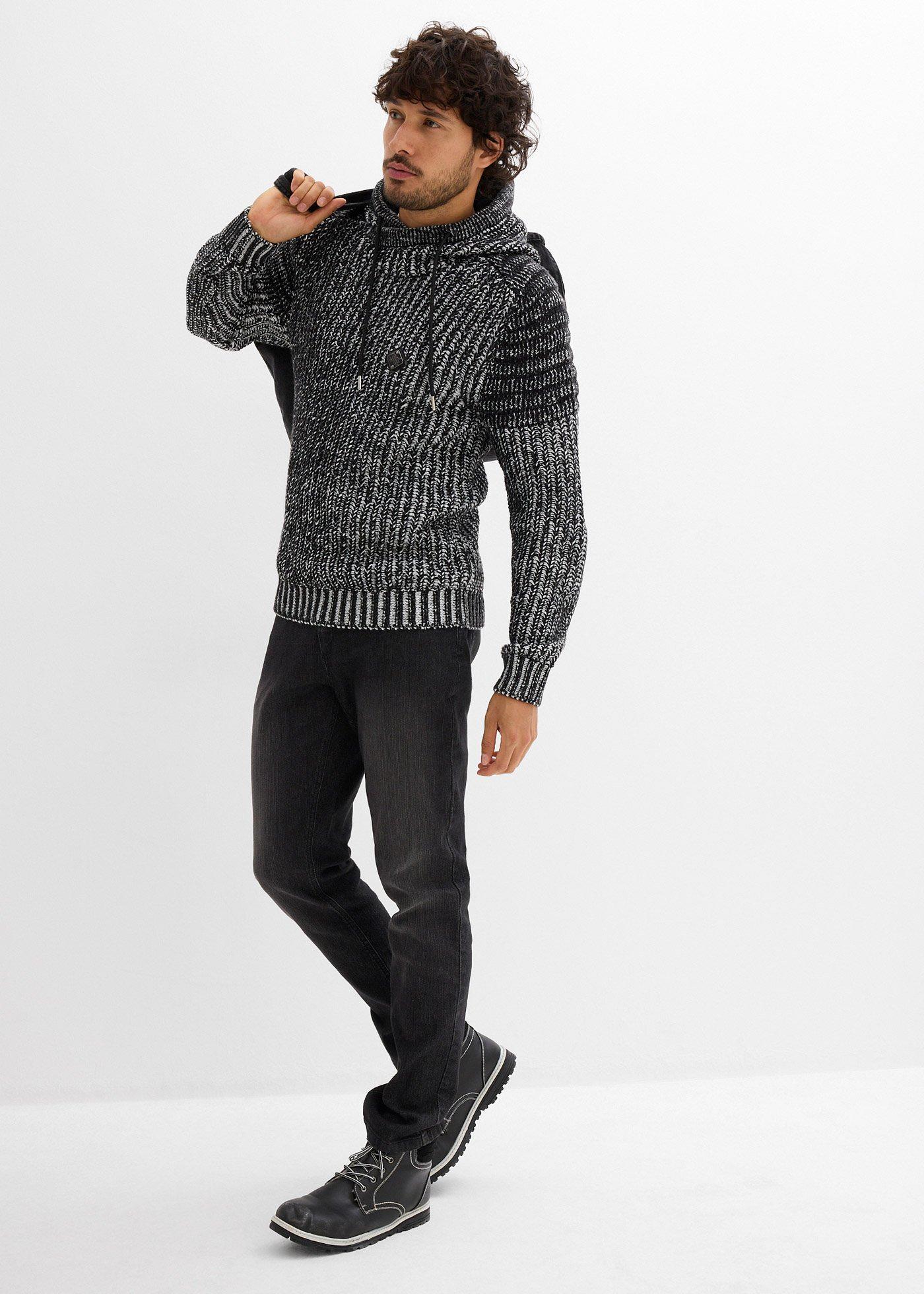 Gruby sweter z kapturem i detalami w stylu biker - Bonprix