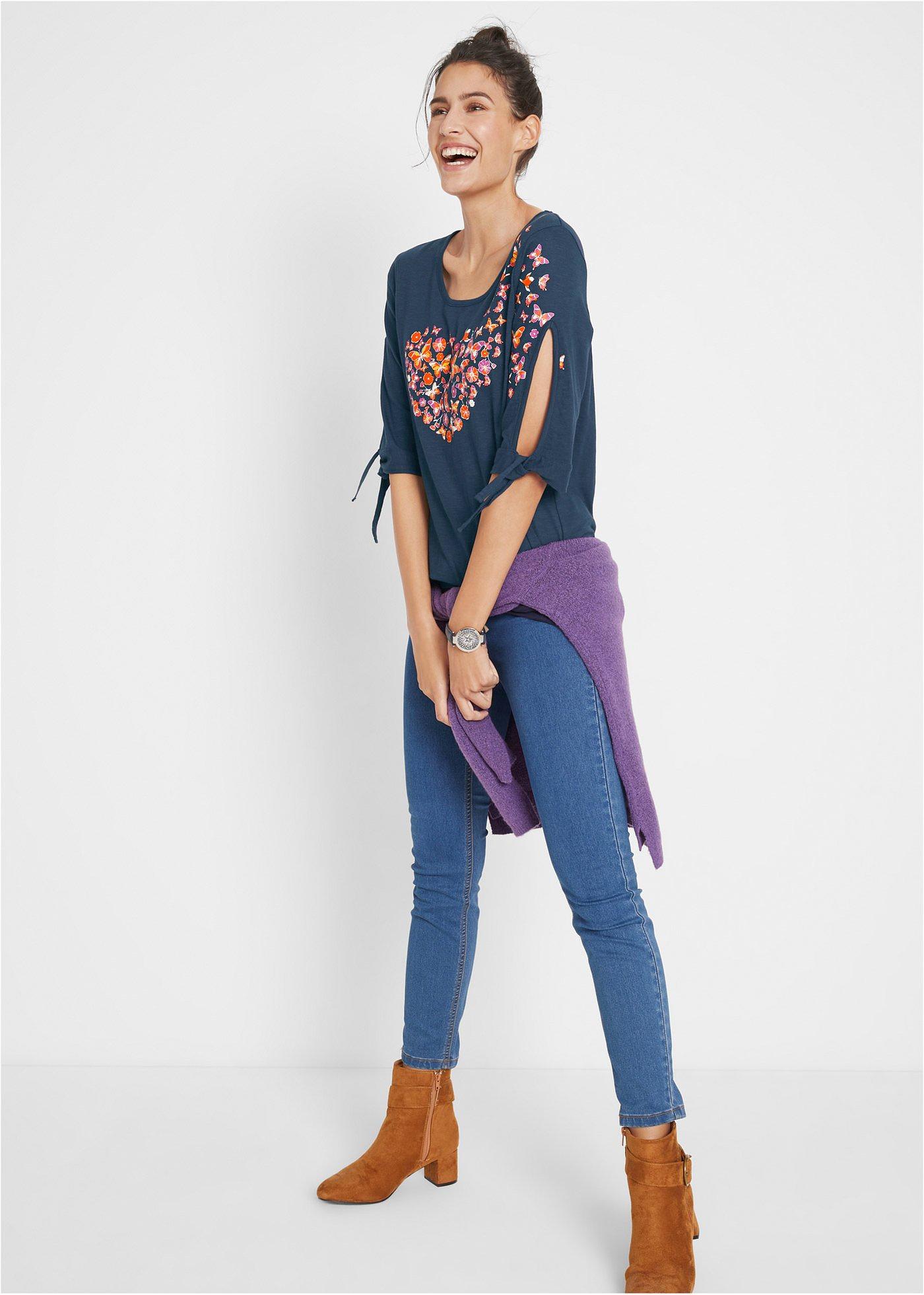 Shirt bawełniany cold-shoulder, krótki rękaw - Bonprix