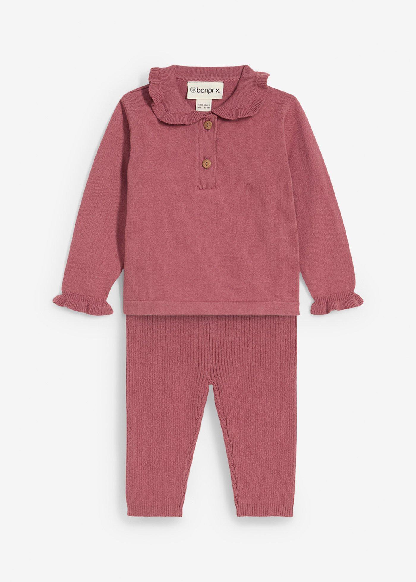 Sweter z dzianiny z kołnierzykiem z falbankami i legginsy (komplet 2-cz.) - Bonprix