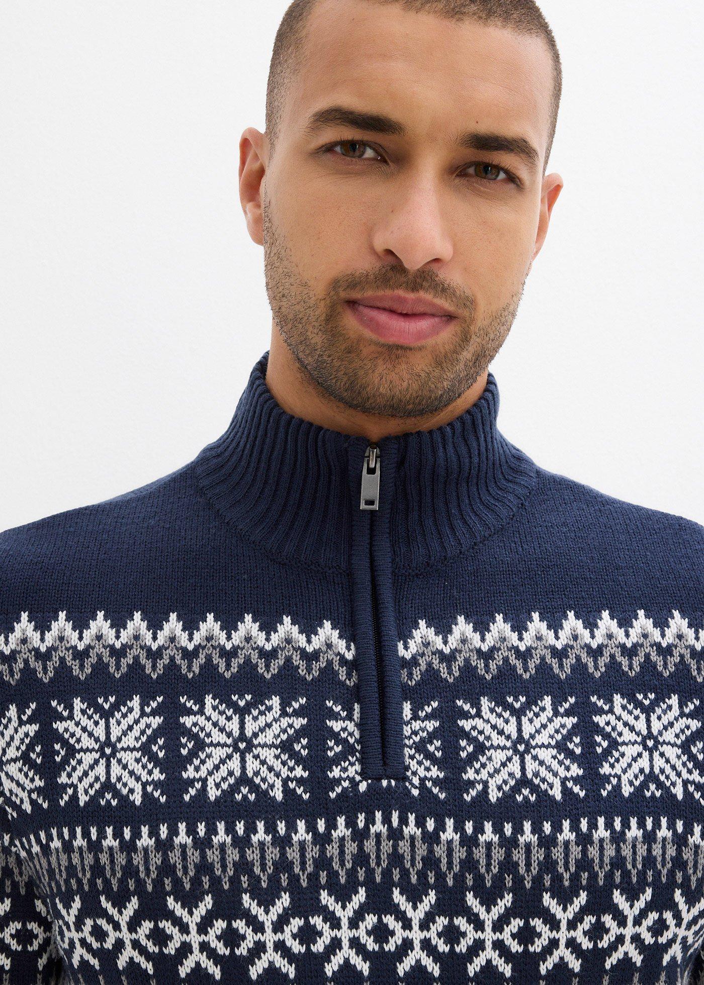 Sweter w norweski wzór ze stójką z zamkiem - Bonprix