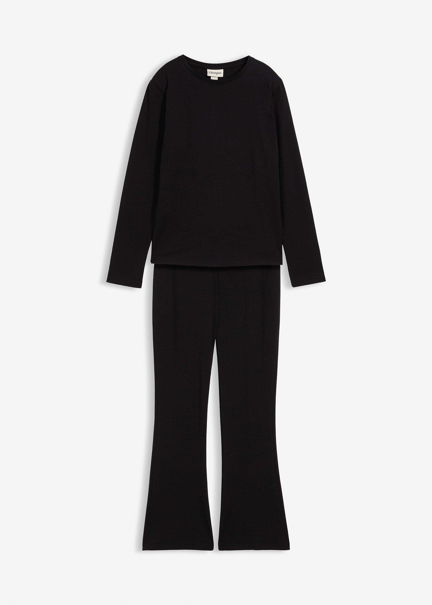 Bluzka z długim rękawem i spodnie z dżerseju w prążek (komplet 2-cz.) - Bonprix