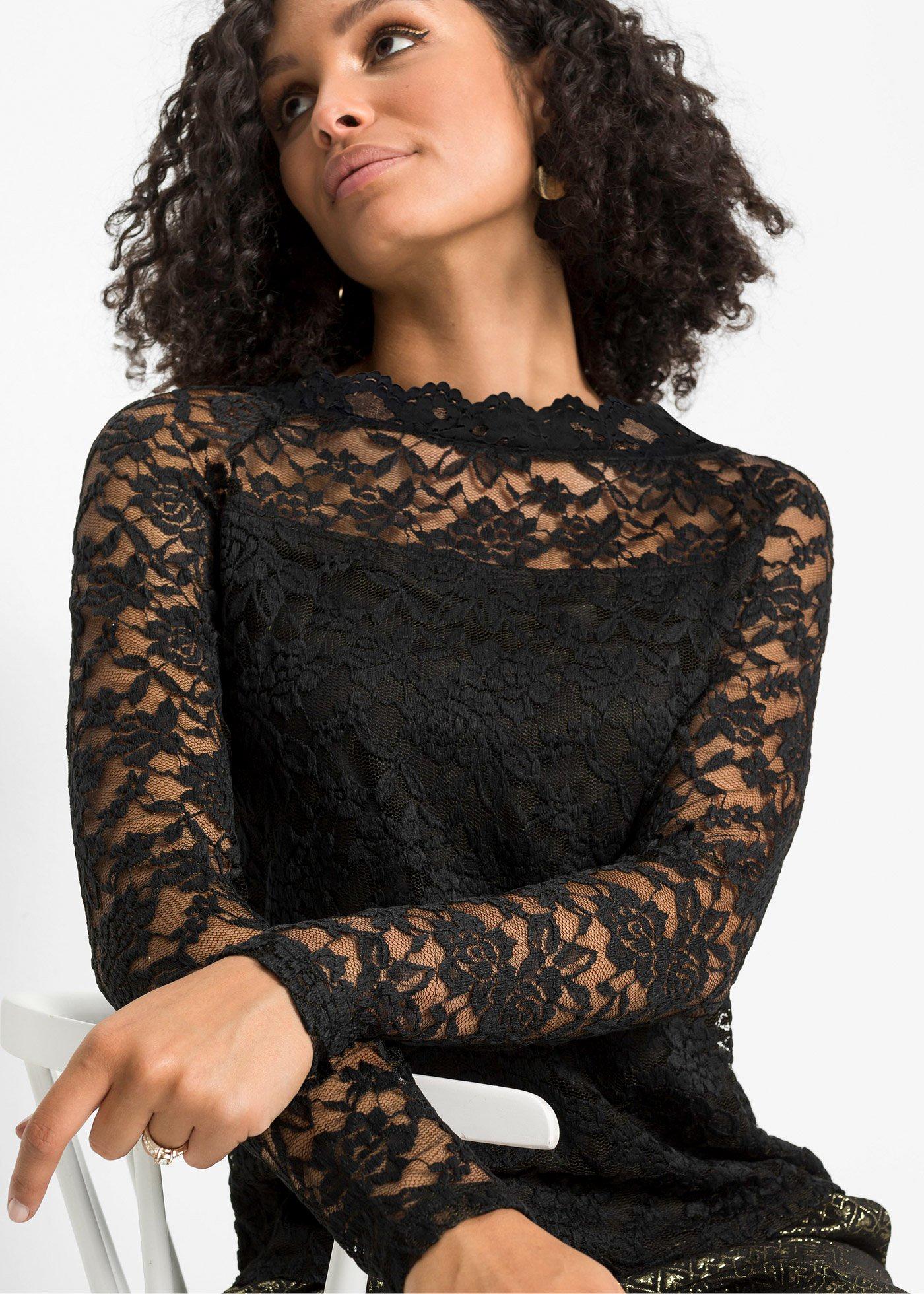 Koronkowa bluzka z długim rękawem - Bonprix