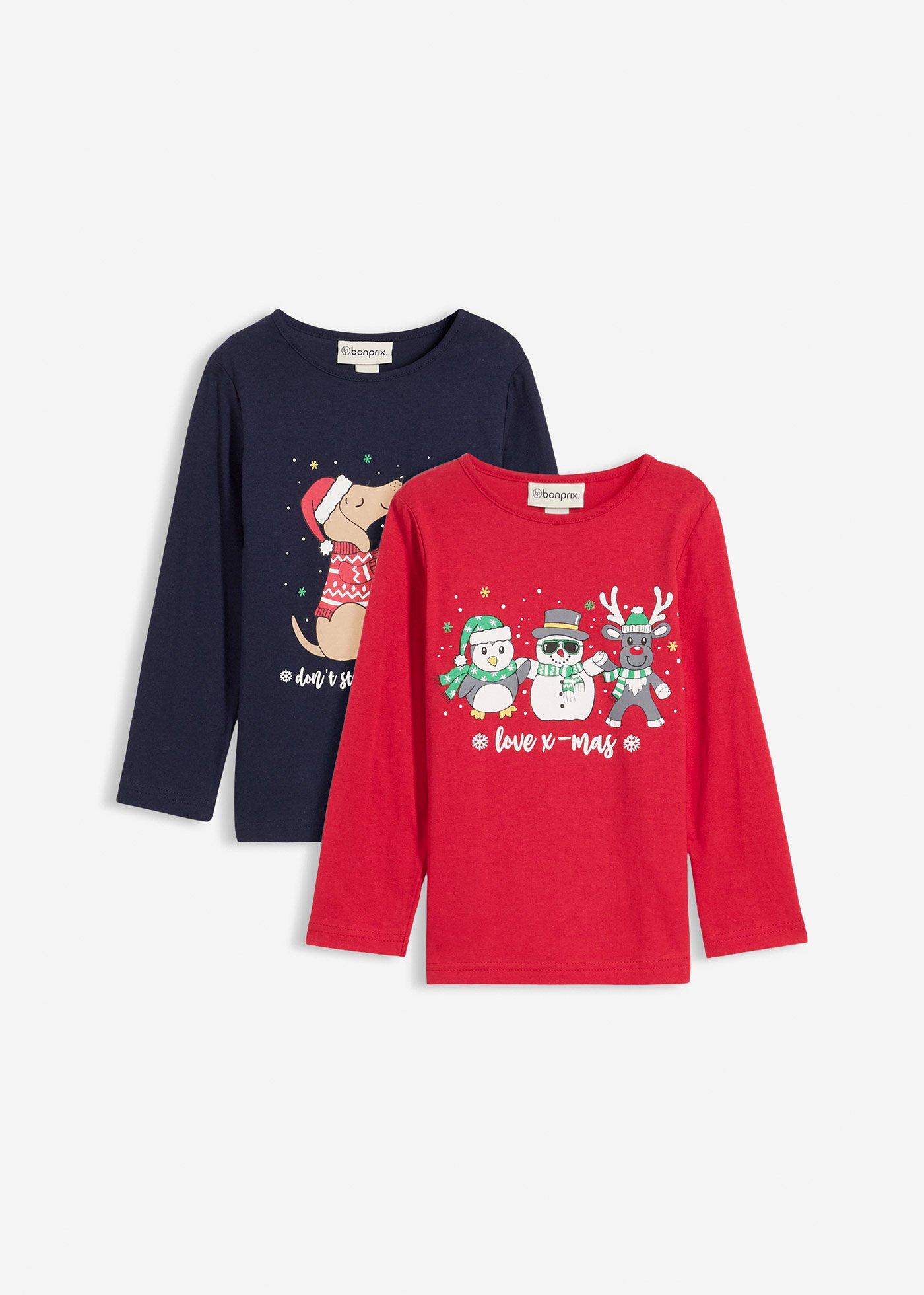 Shirt dziewczęcy z długim rękawem i bożonarodzeniowym nadrukiem (2 szt.), z bawełny organicznej - Bonprix