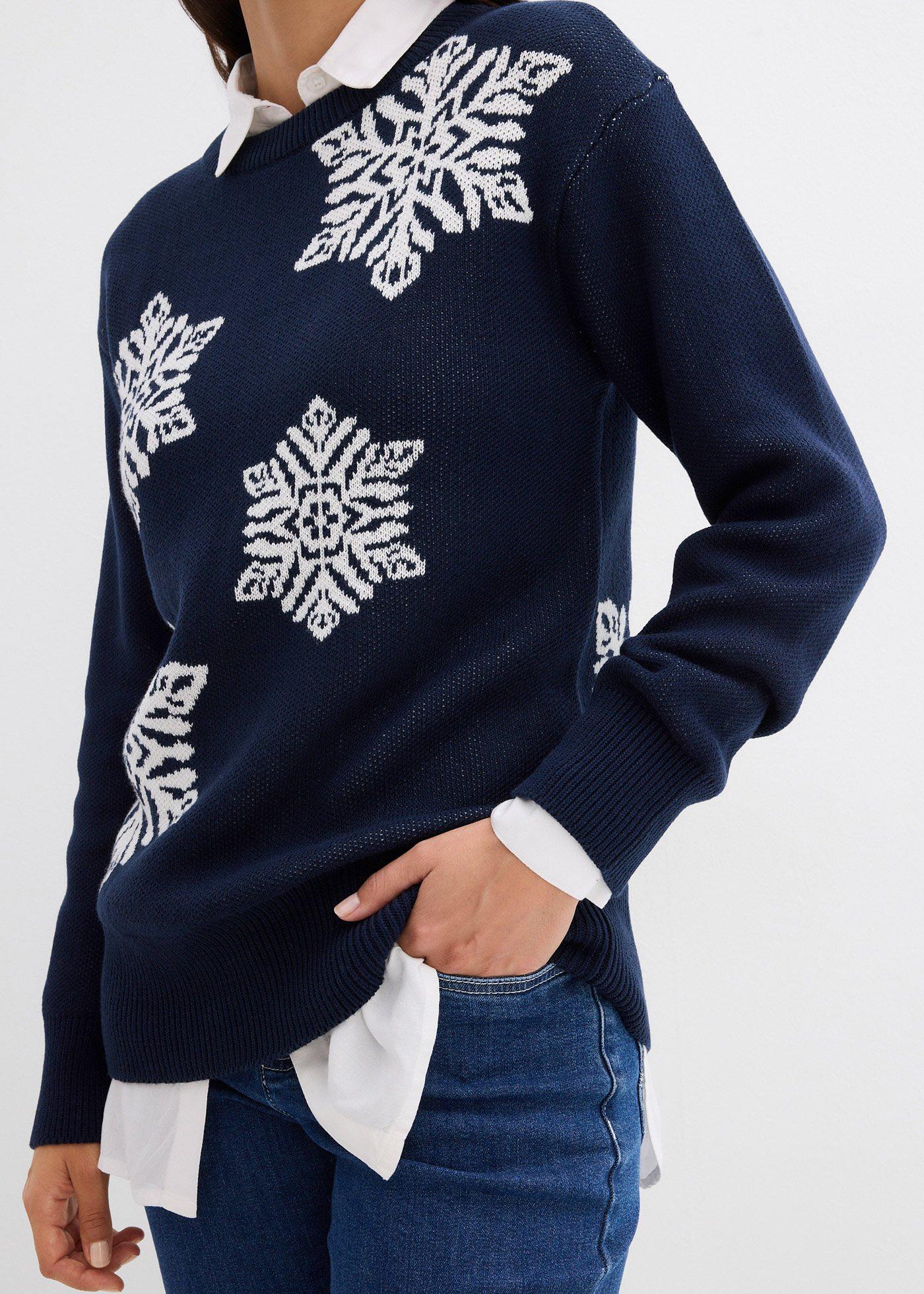 Sweter z okrągłym dekoltem i flokowanymi śnieżynkami - Bonprix