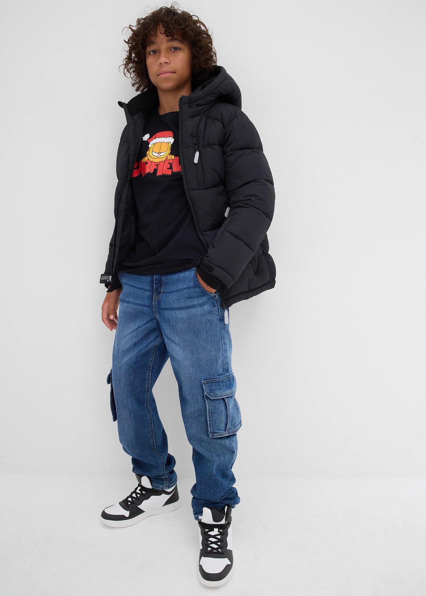 Bluzka z długim rękawem ze świątecznym motywem i napisem Garfield z czystej bawełny - Bonprix