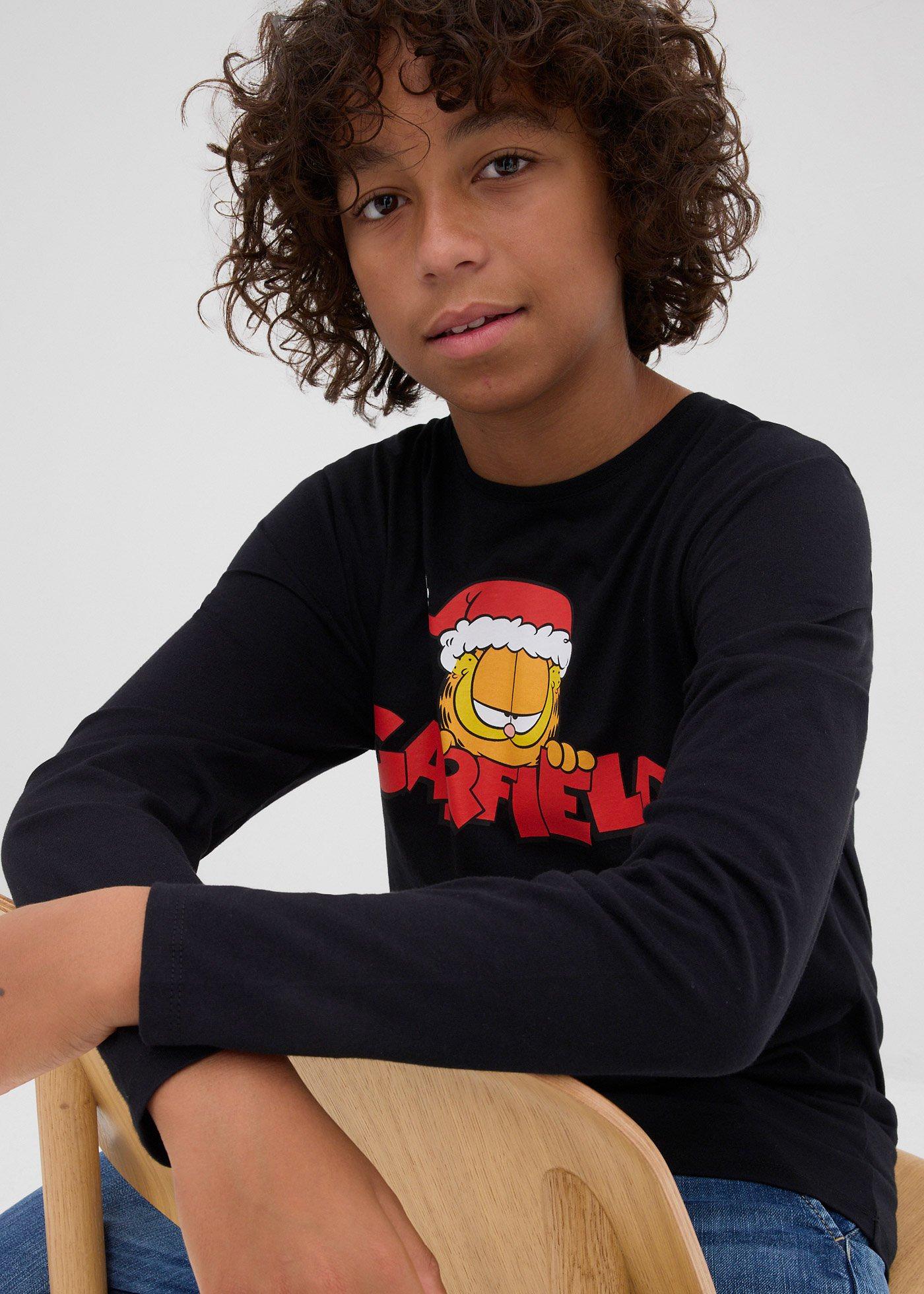 Bluzka z długim rękawem ze świątecznym motywem i napisem Garfield z czystej bawełny - Bonprix