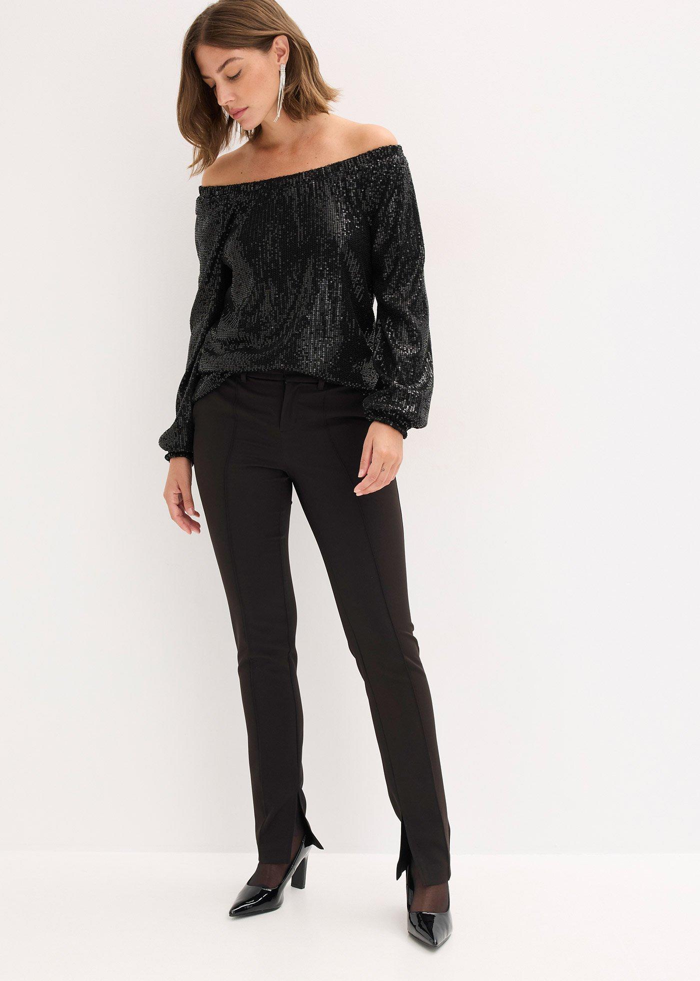 Shirt oversized z dekoltem carmen  i cekinami - Bonprix