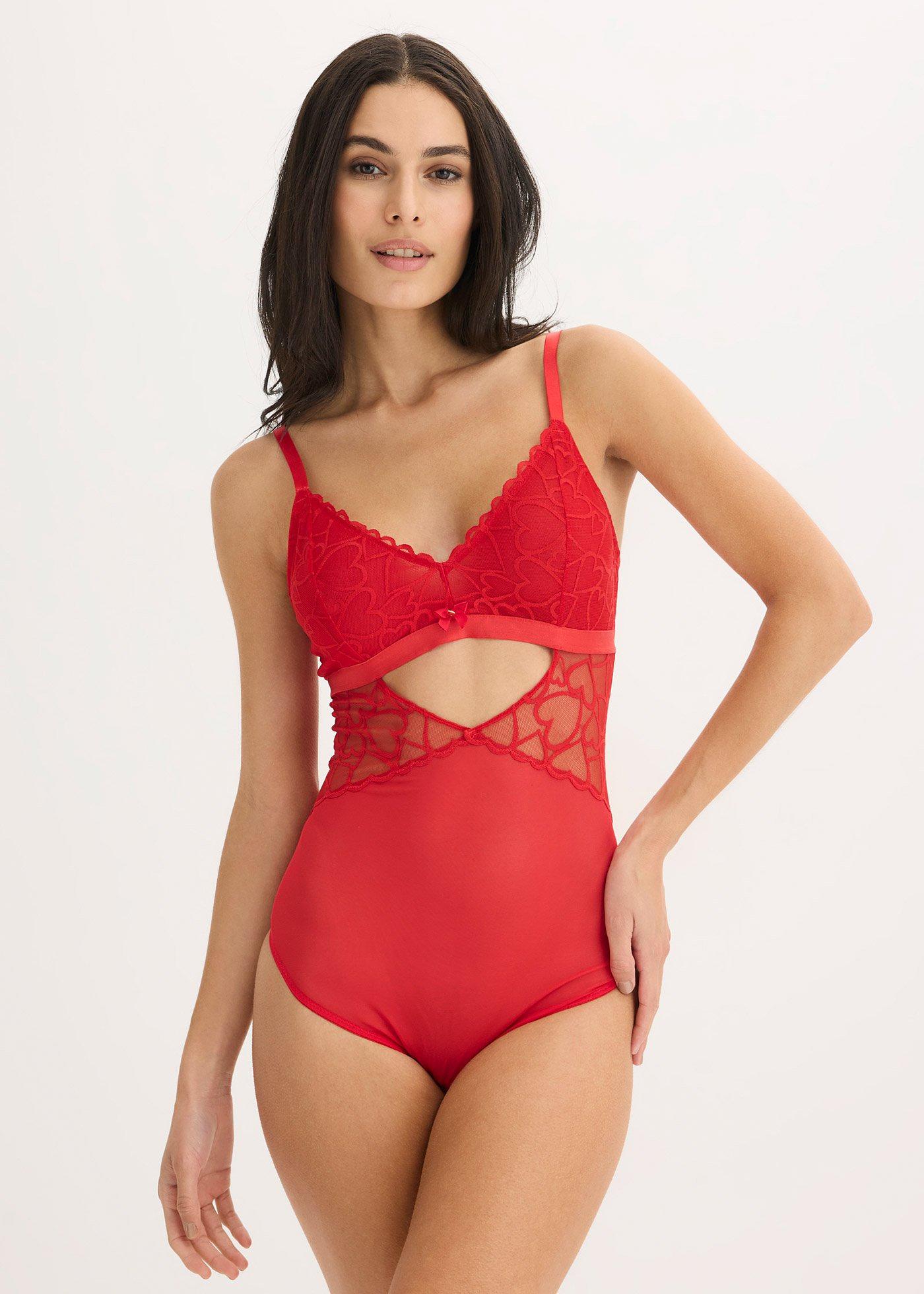 Body ze stringami, z koronki ze wzorem w serca - Bonprix