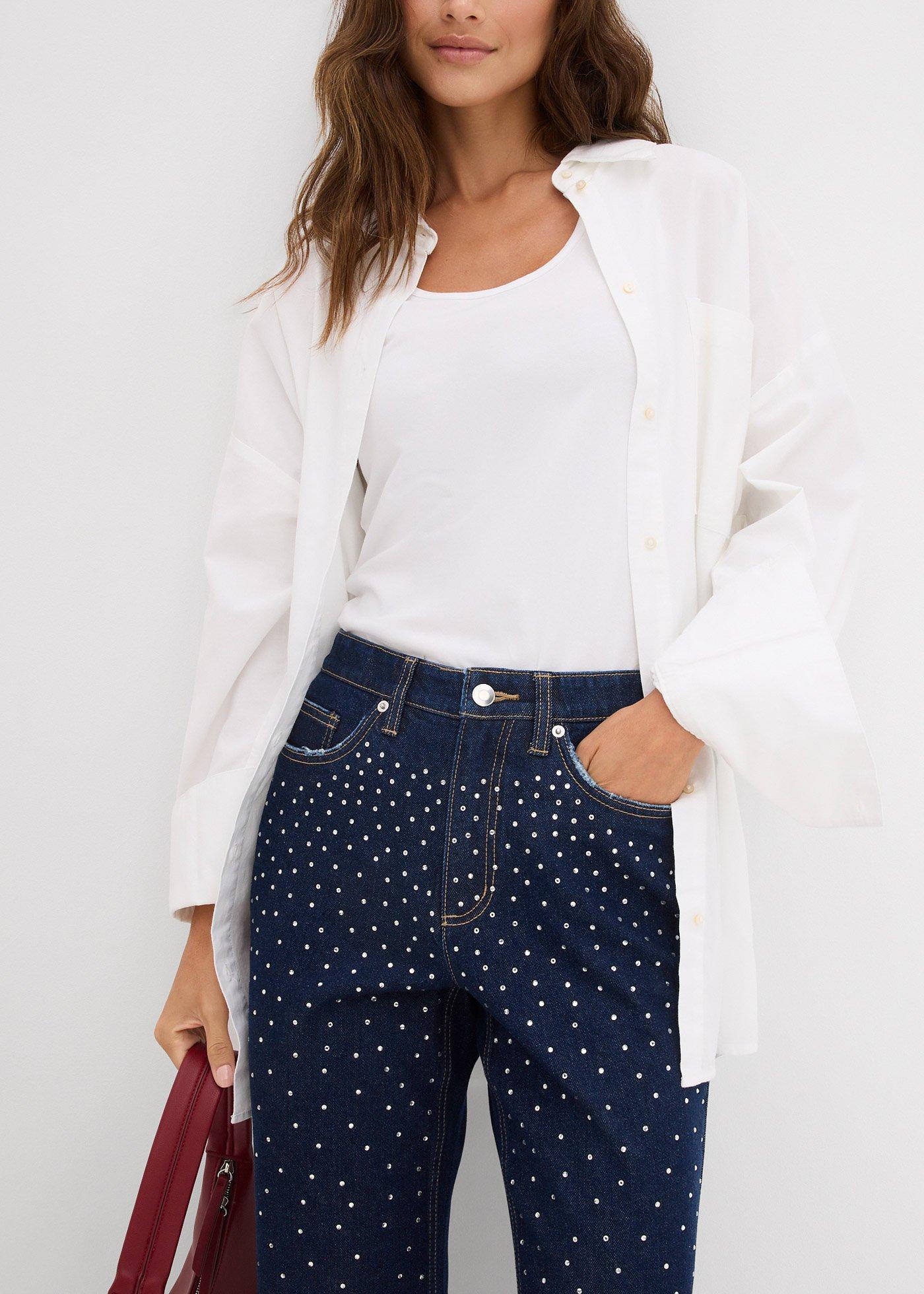 Jeansy straight, mid waist, zdobione kryształkami - Bonprix