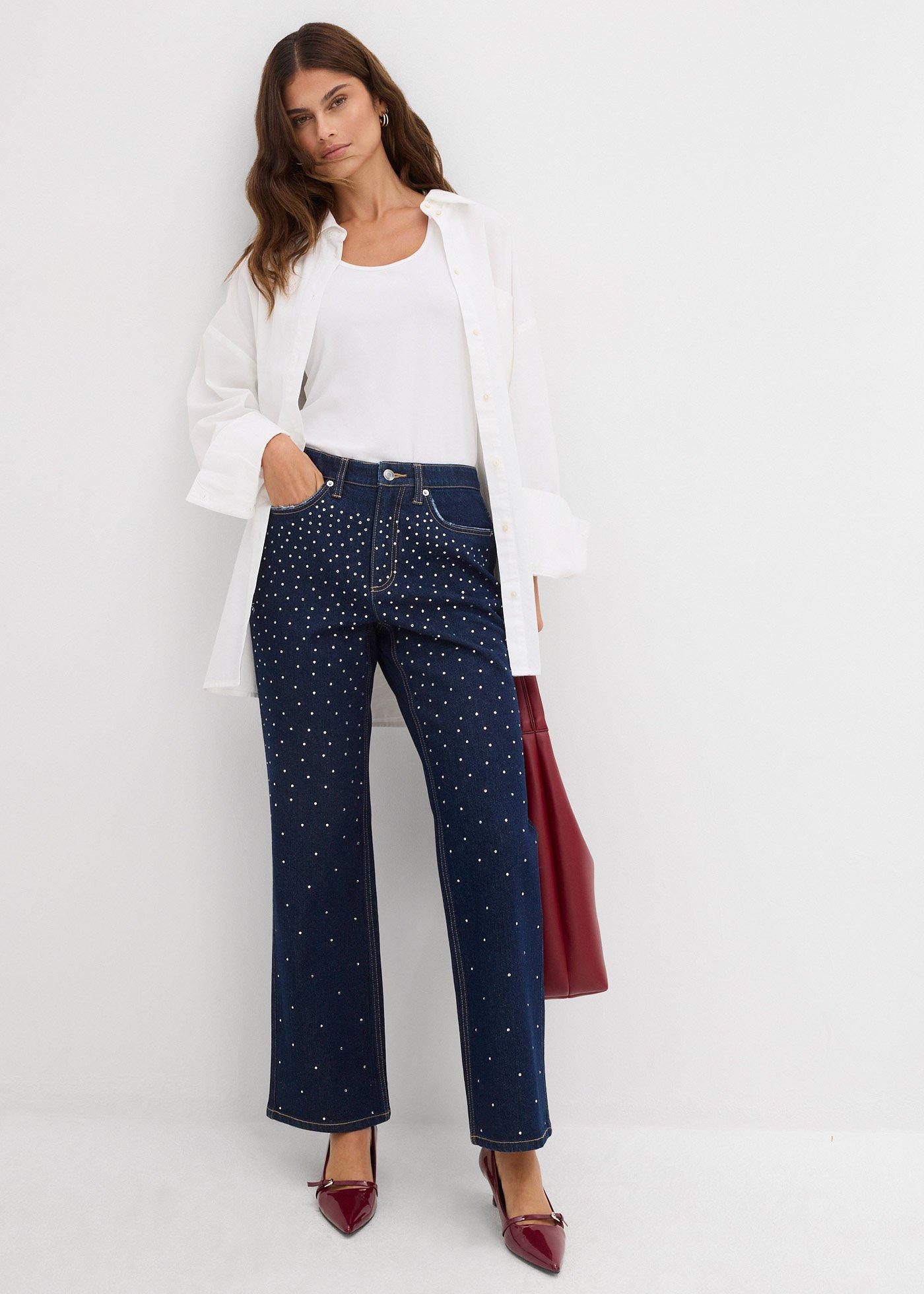 Jeansy straight, mid waist, zdobione kryształkami - Bonprix