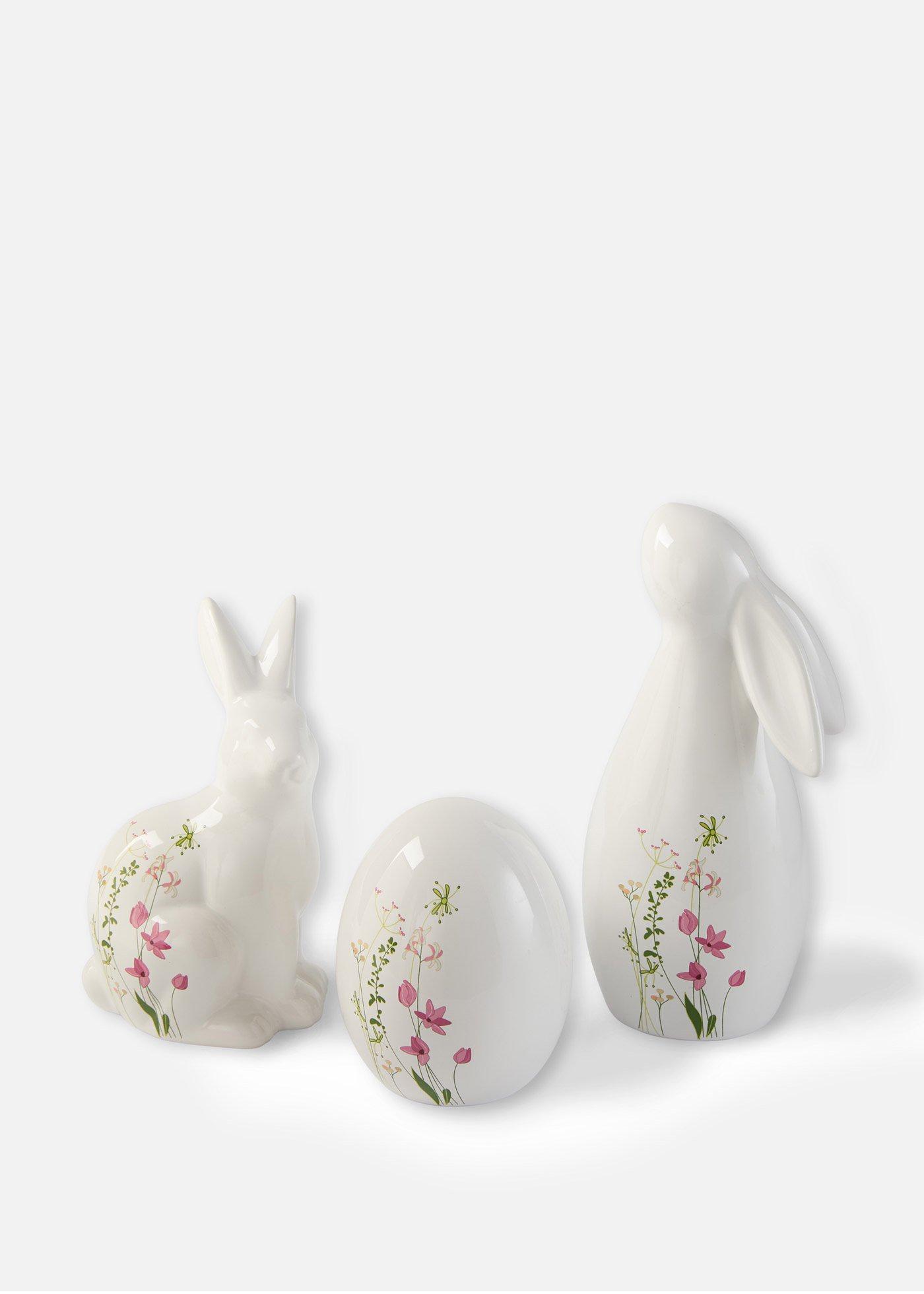 Lot de 3 figurines déco Lapins et Œuf avec fleurs